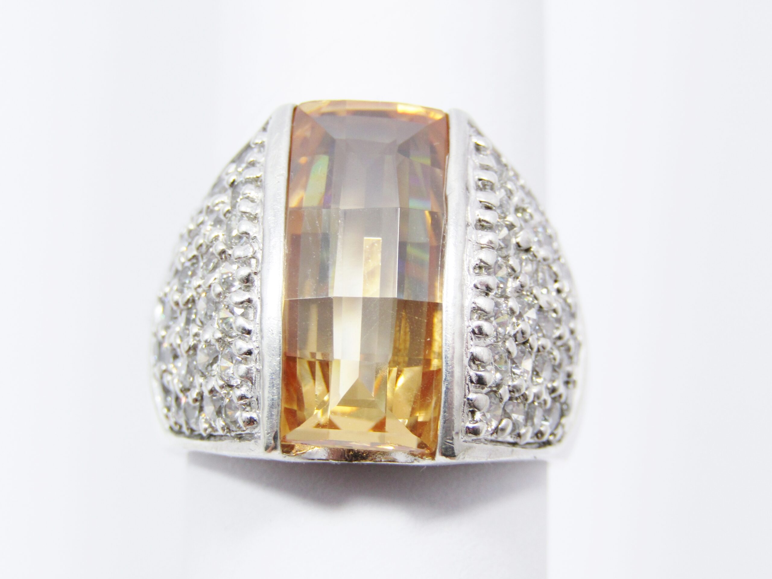 A Gorgeous Chunky Faceted Copper Color Zirconia Stone Ring in Sterling Silver.