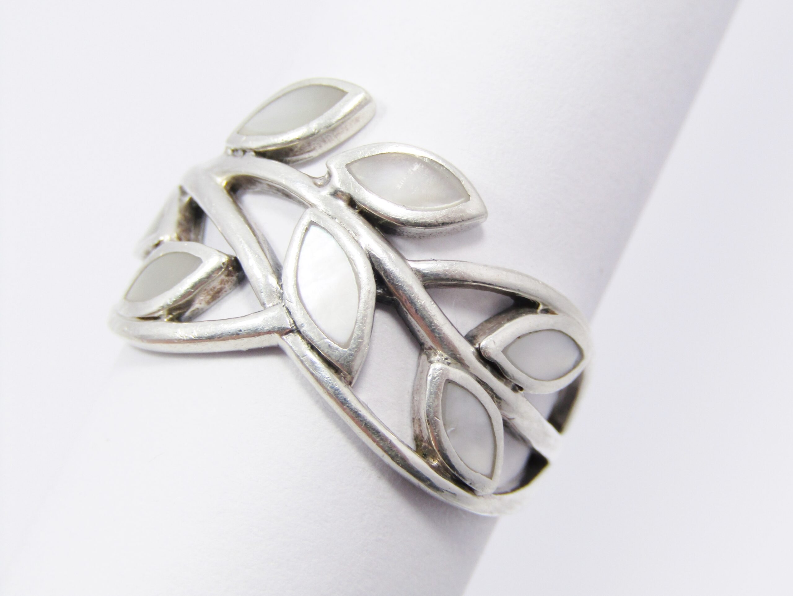 A Lovely Broad Mother Of Pearl Leaf Design Band in Sterling Silver.