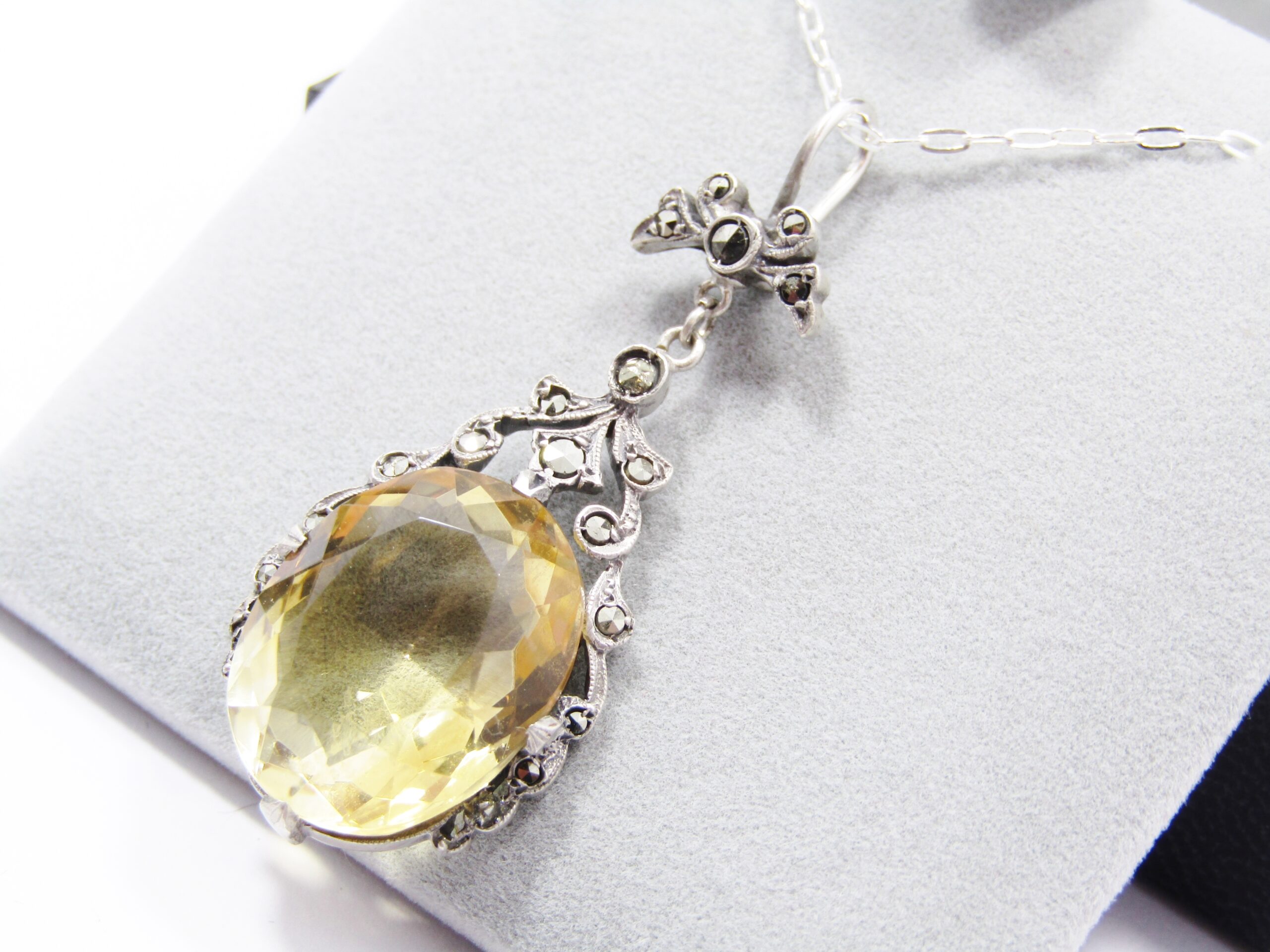An Amazing Vintage Citrine and Marcasite Necklace on Chain in Sterling Silver