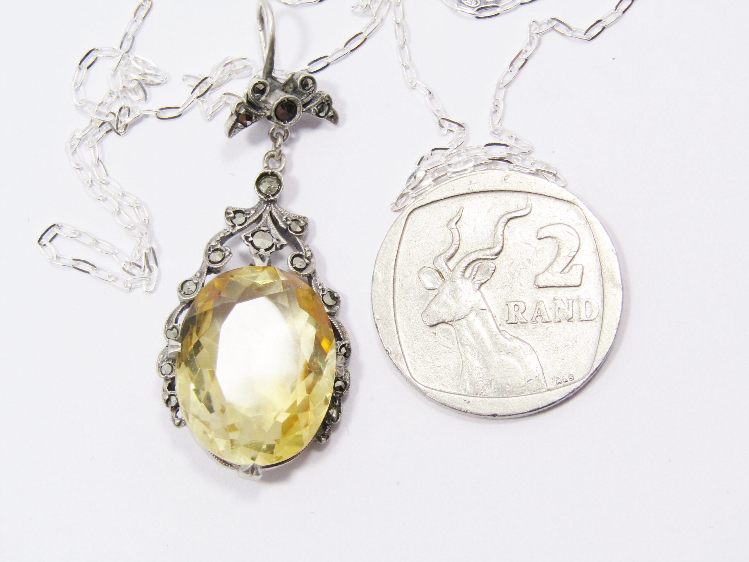 An Amazing Vintage Citrine and Marcasite Necklace on Chain in Sterling Silver