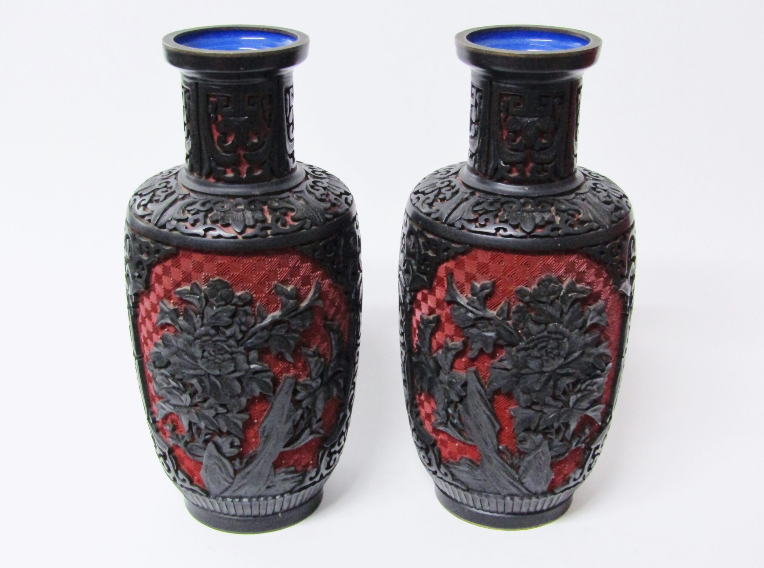 Beautiful Pair of Oriental Cinnabar Style Vases