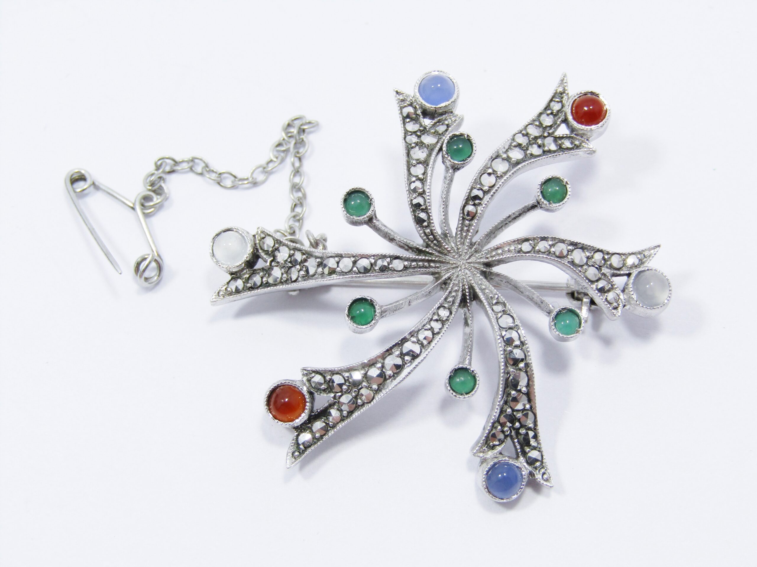 A Beautiful Multi Color Stone Brooch With Marcasite's in Sterling Silver.