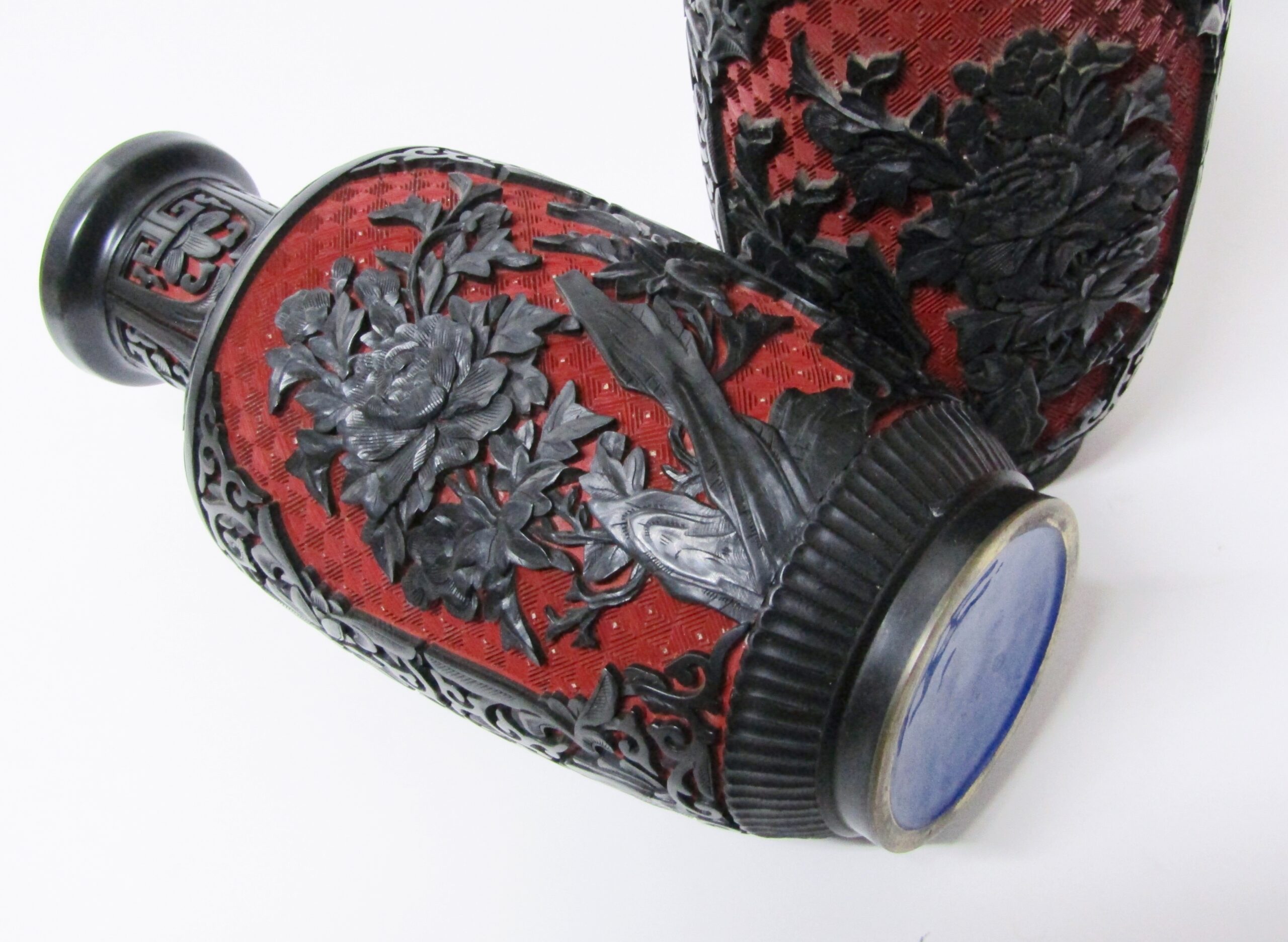 Beautiful Pair of Oriental Cinnabar Style Vases