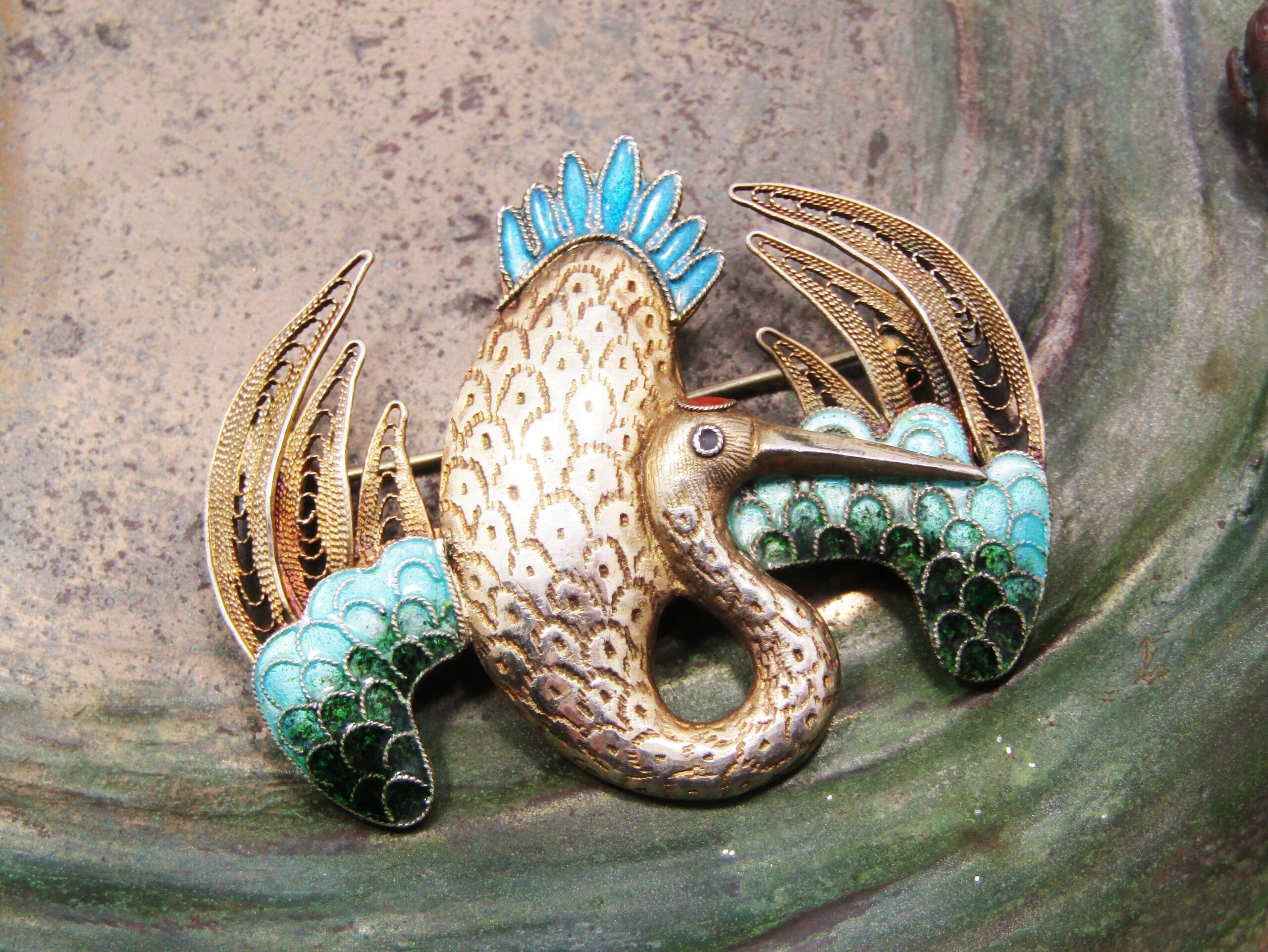 Antique/Vintage Oriental Filigree Silver Gilt Stork Brooch