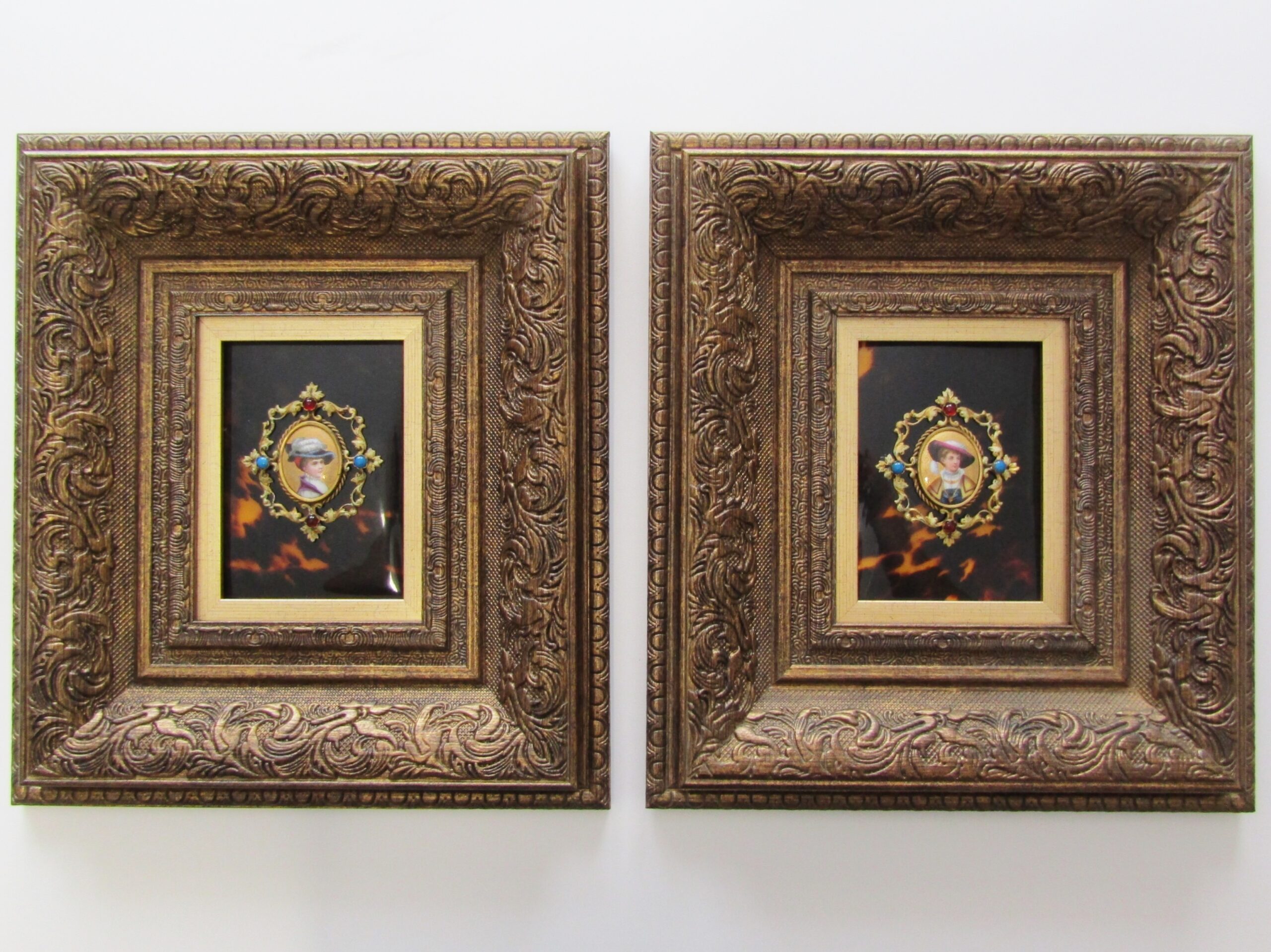 Framed Early 20th-Century Ormulu & Tortoise Shell Miniature Portraits