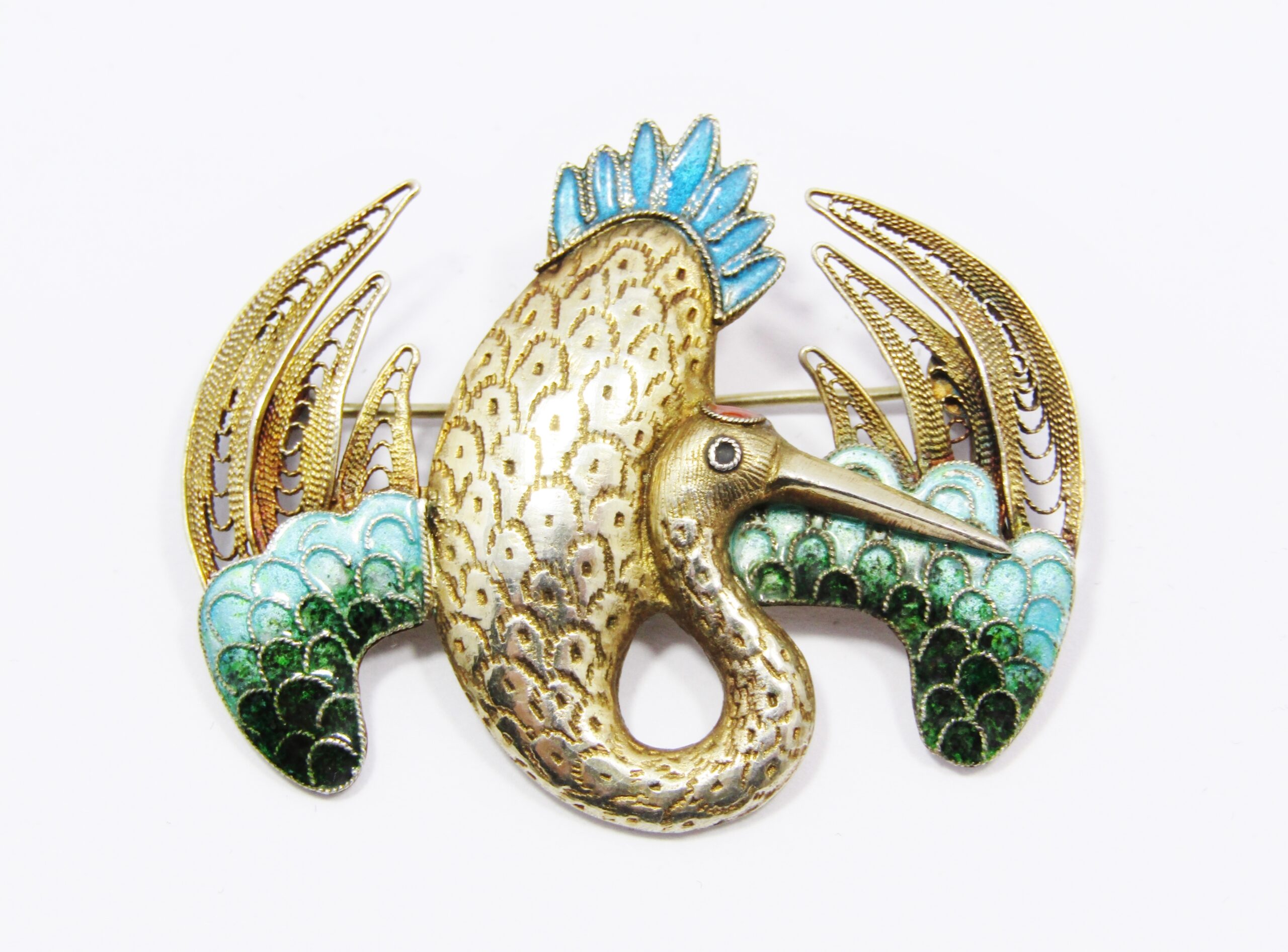 Antique/Vintage Oriental Filigree Silver Gilt Stork Brooch