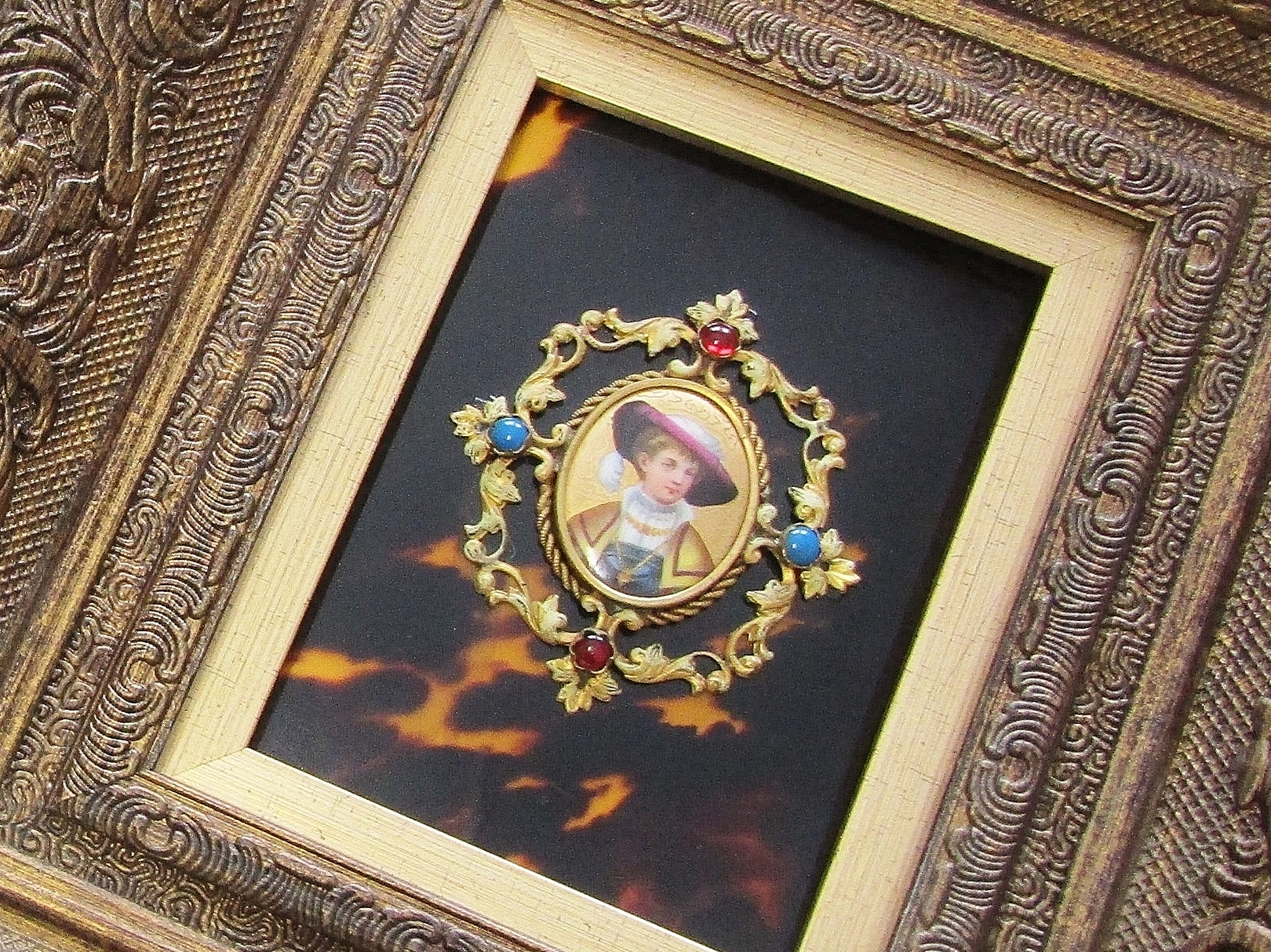 Framed Early 20th-Century Ormulu & Tortoise Shell Miniature Portraits