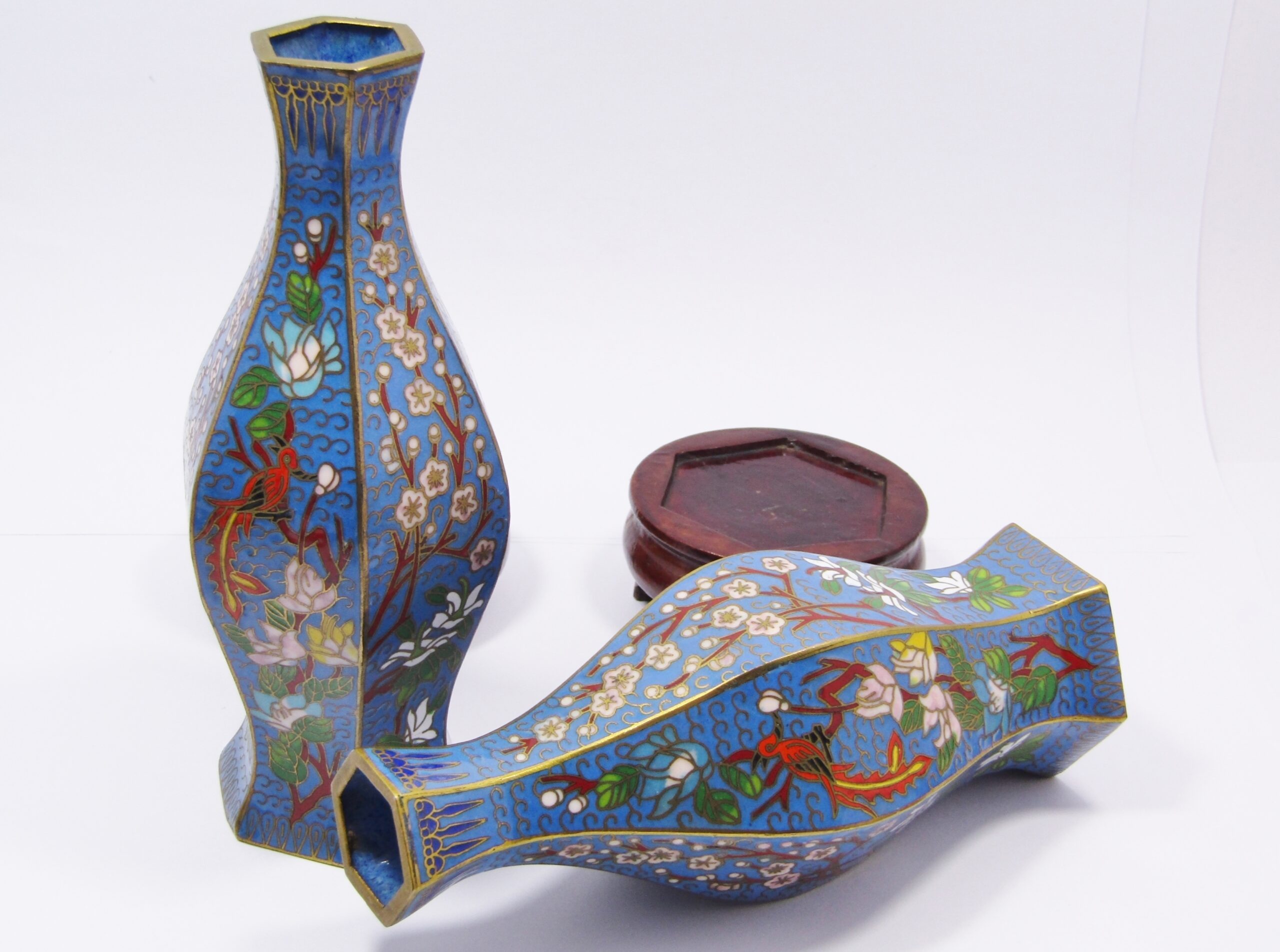 Pair of Finely Made Hexagonal Cloisonne Vases on Stands