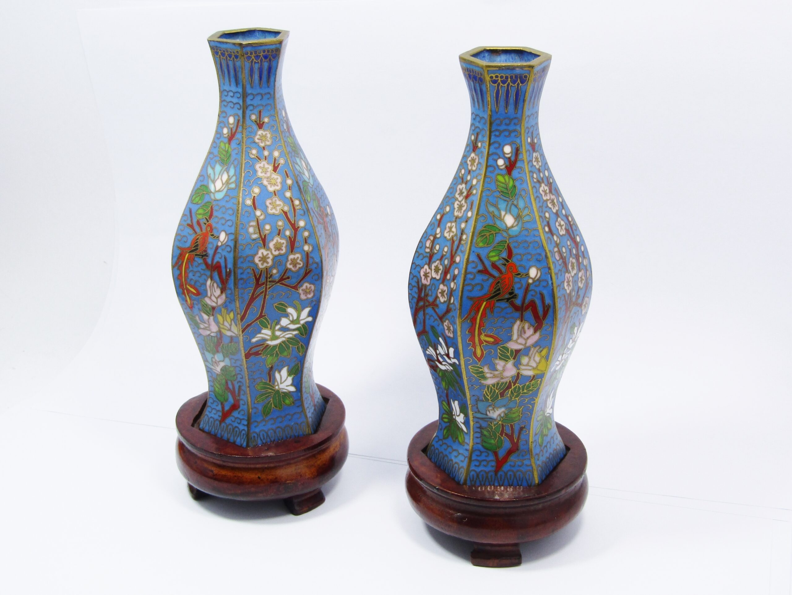 Pair of Finely Made Hexagonal Cloisonne Vases on Stands