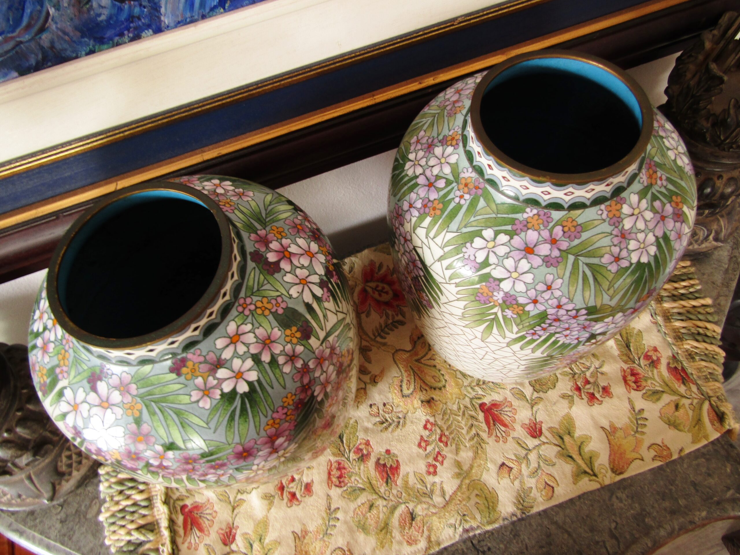 Exquisite! Pair of Beautiful Mosaic Design Large Cloisonne Vases