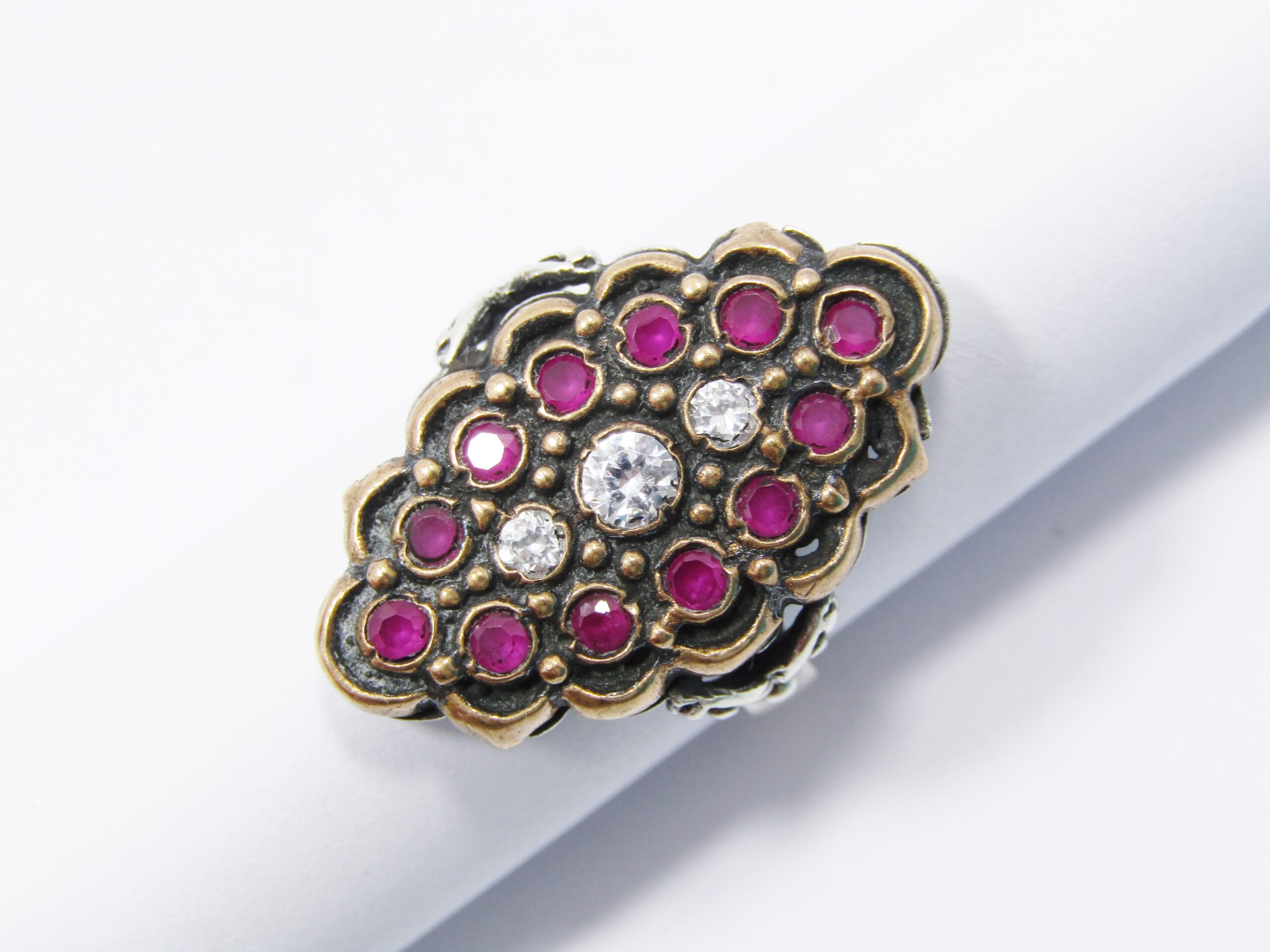 A Gorgeous Two Tone Eastern Design Ring Set With Red and clear Crystals Ring in Sterling Silver