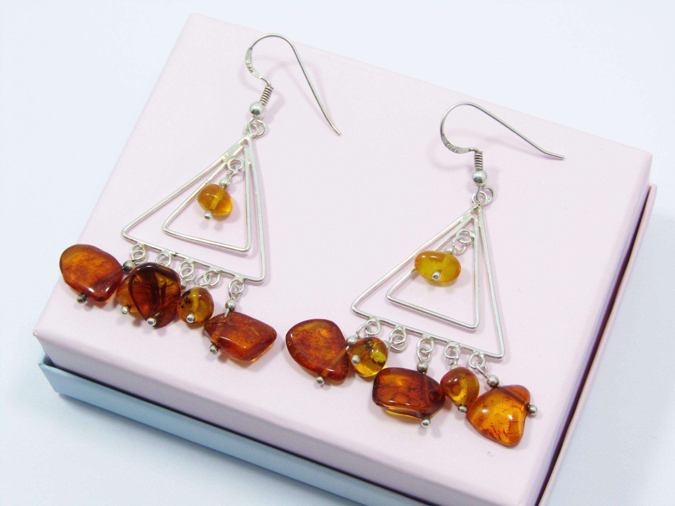 A Stunning Pair of Triangle Design Dangling Earrings With Amber in Sterling Silver.