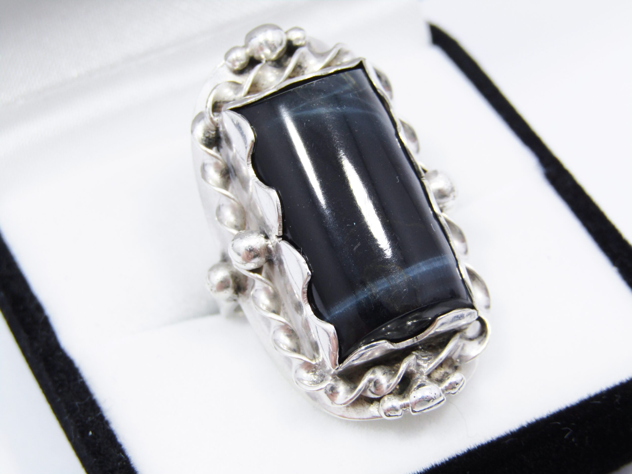 A Gorgeous Chunky Black Tigers Eye Stone Ring in Sterling Silver.