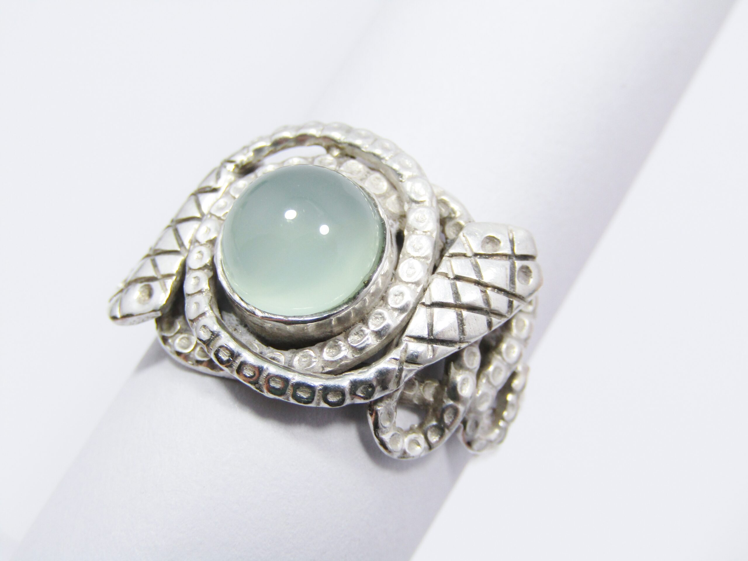 A Lovely Detailed Snake Ring With a Chalcedony Stone Ring in Sterling Silver