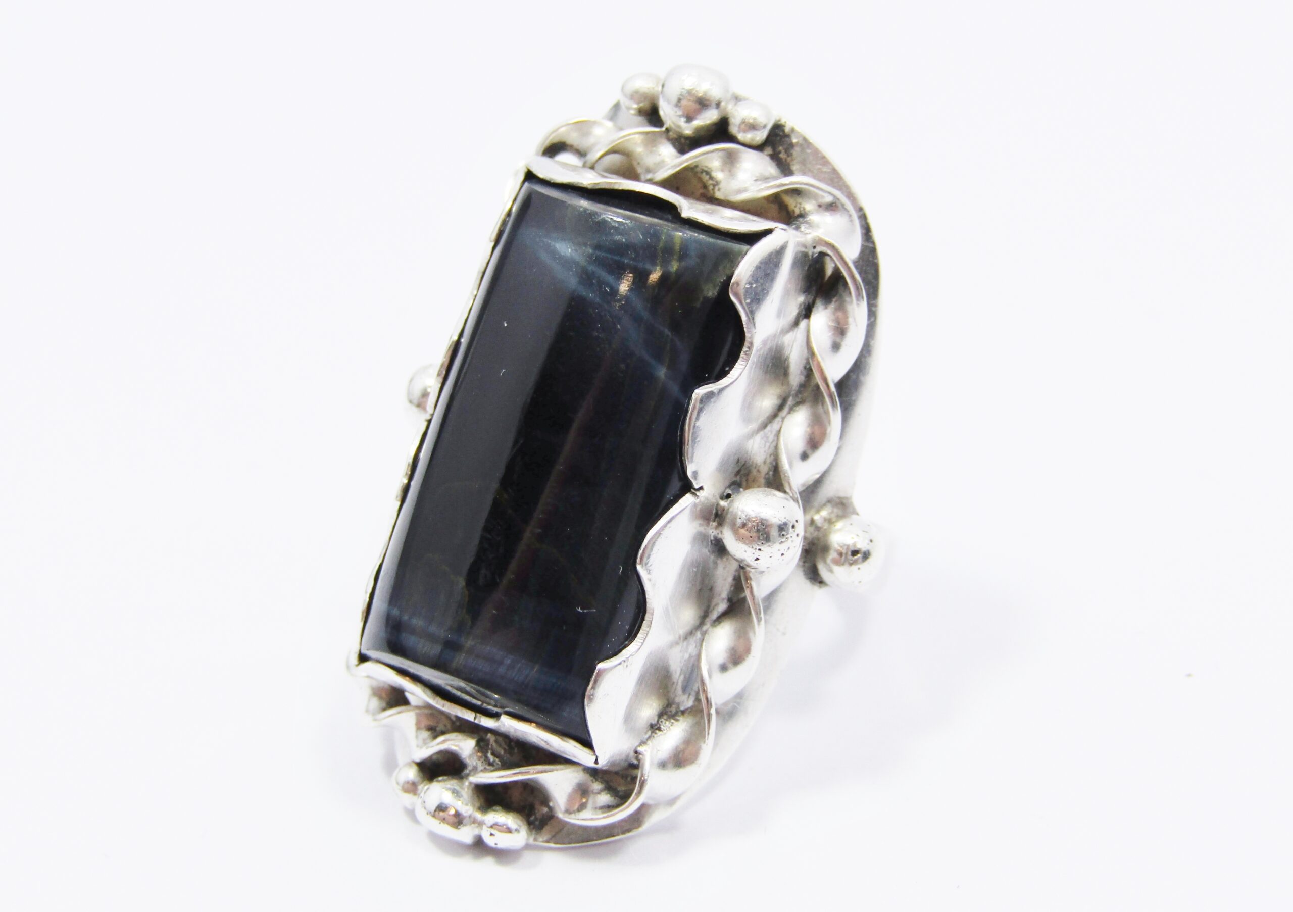 A Gorgeous Chunky Black Tigers Eye Stone Ring in Sterling Silver.
