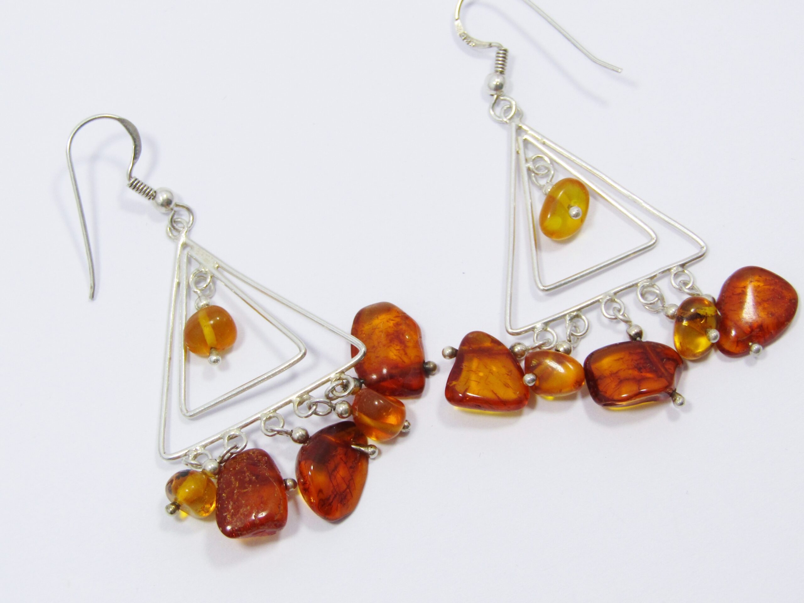 A Stunning Pair of Triangle Design Dangling Earrings With Amber in Sterling Silver.