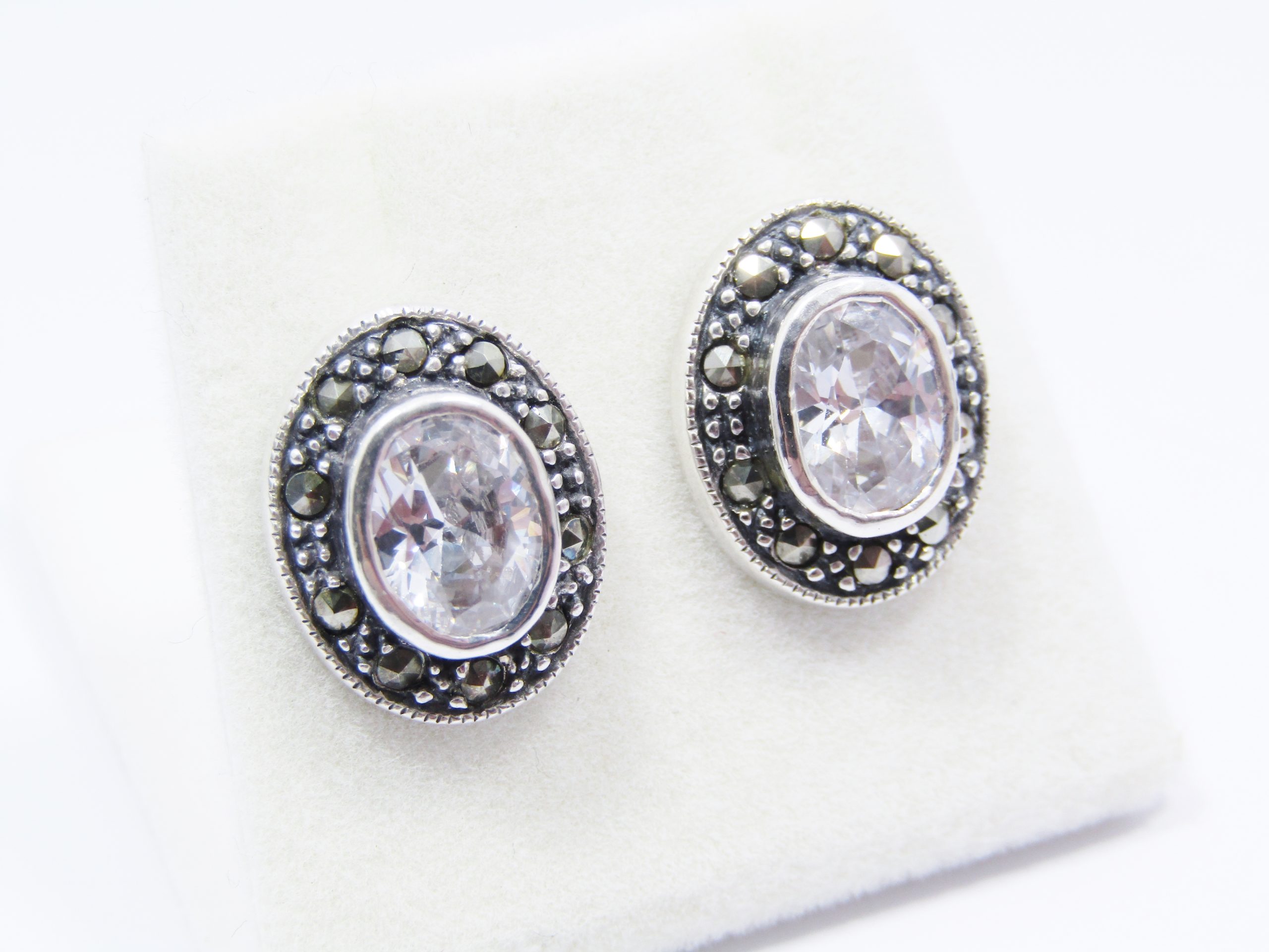 A Gorgeous Pair of Bohemian Design Clear Zirconia Earrings Surrounded with Marcasite's in Sterling Silver