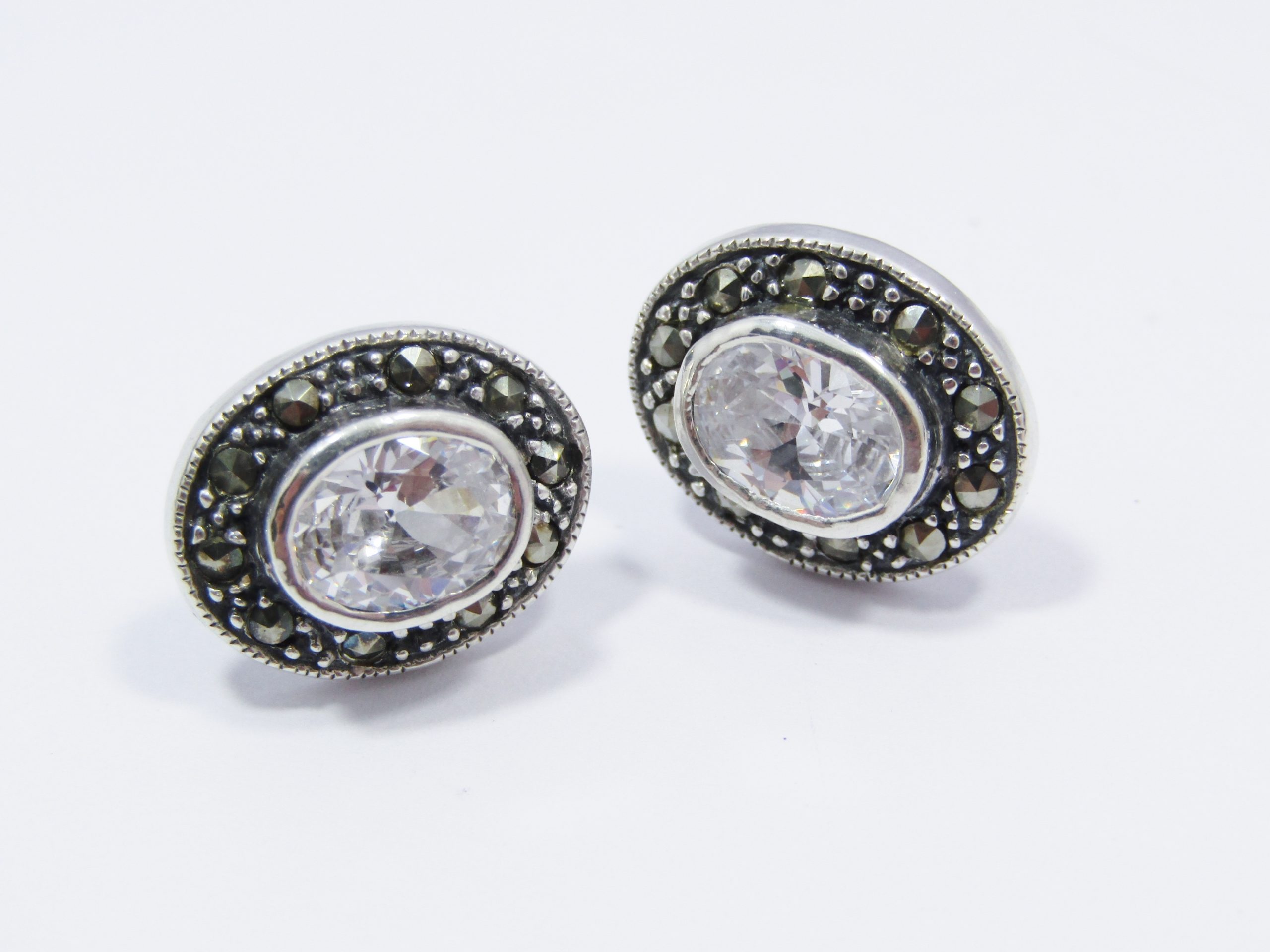 A Gorgeous Pair of Bohemian Design Clear Zirconia Earrings Surrounded with Marcasite's in Sterling Silver