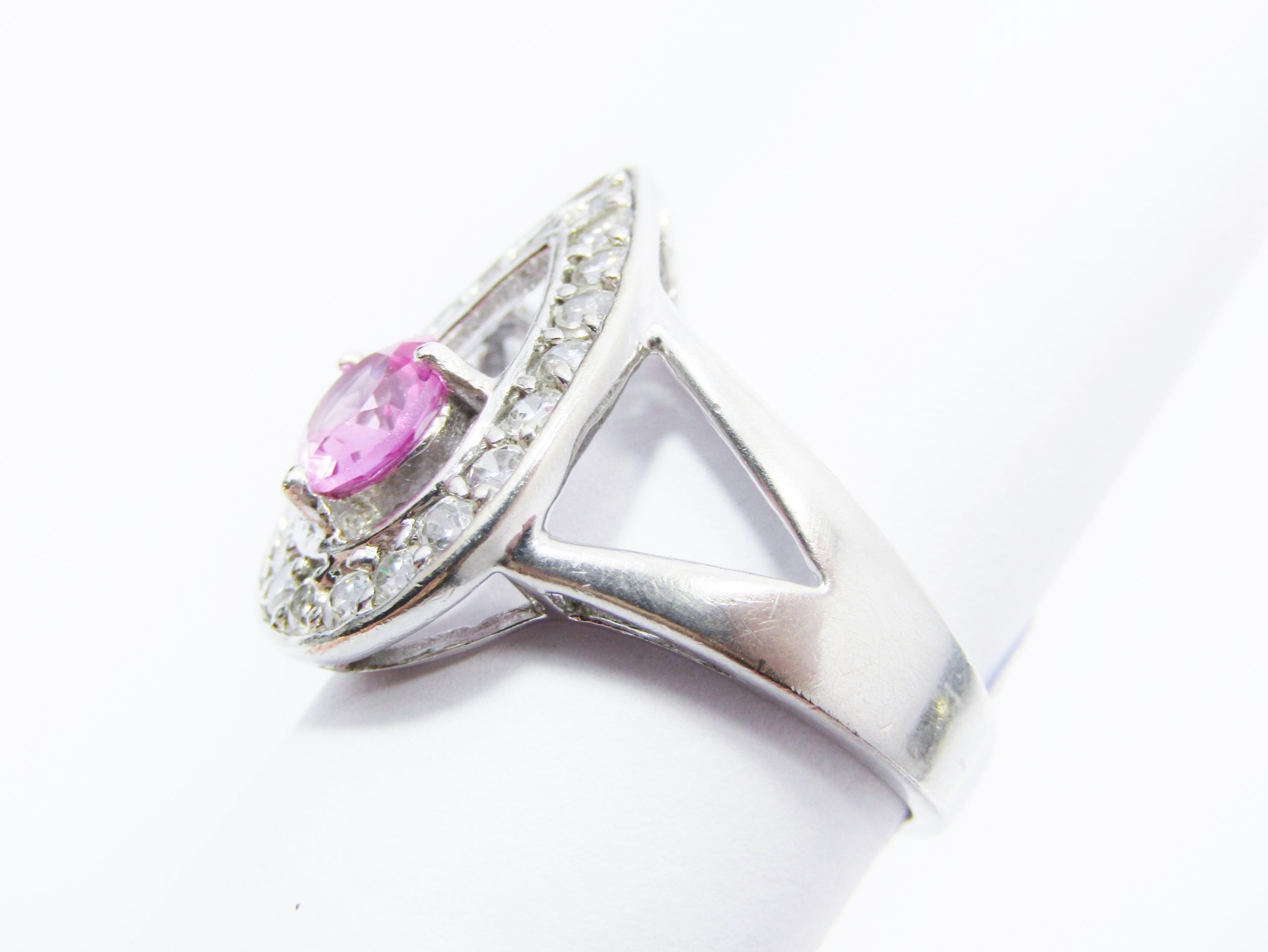 A Lovely Pear Shape Pink Zirconia Ring set in Sterling Silver.