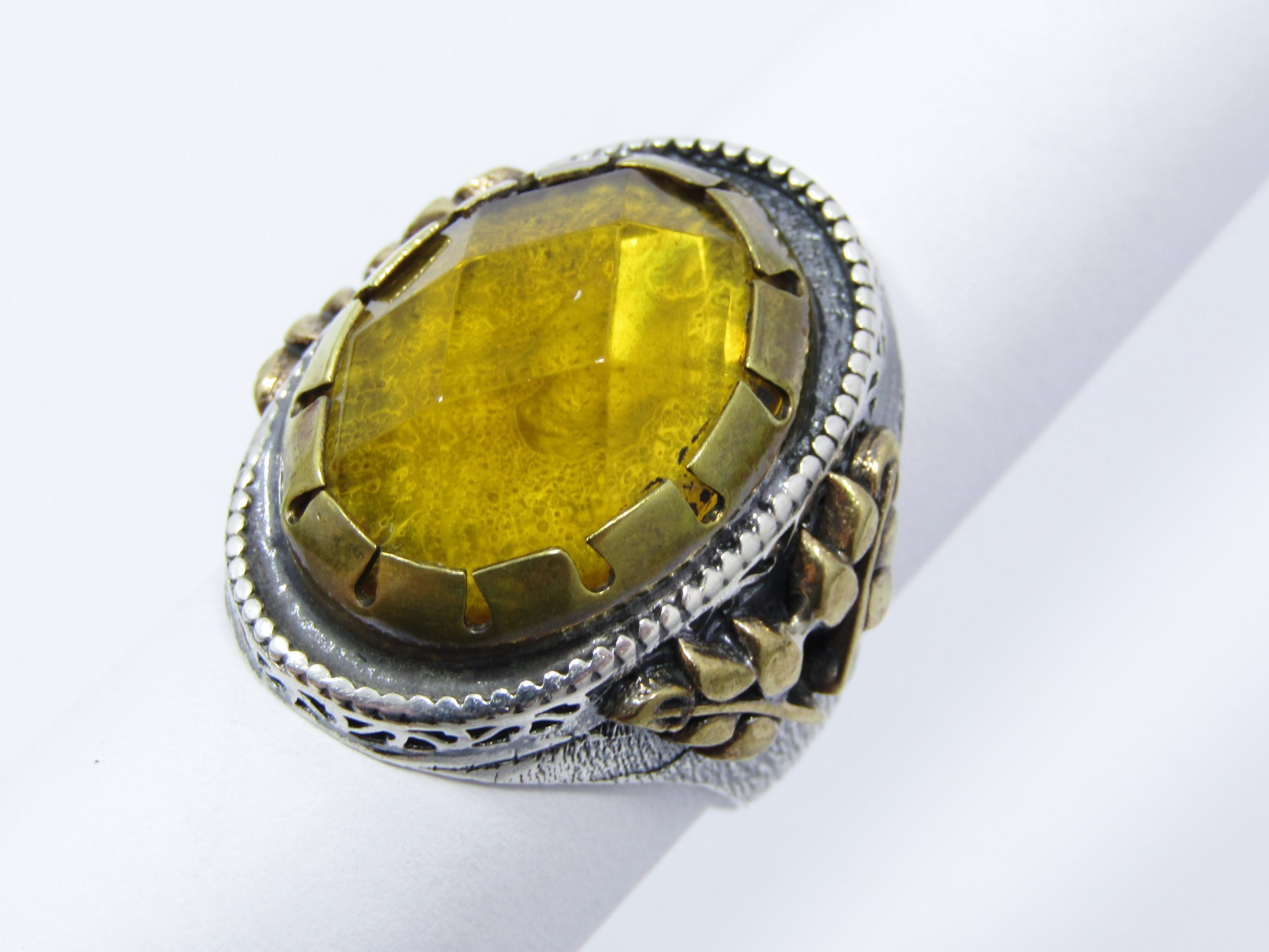 A Beautiful Chunky Two Tone Ring with a Large Yellow paste Stone in Sterling Silver