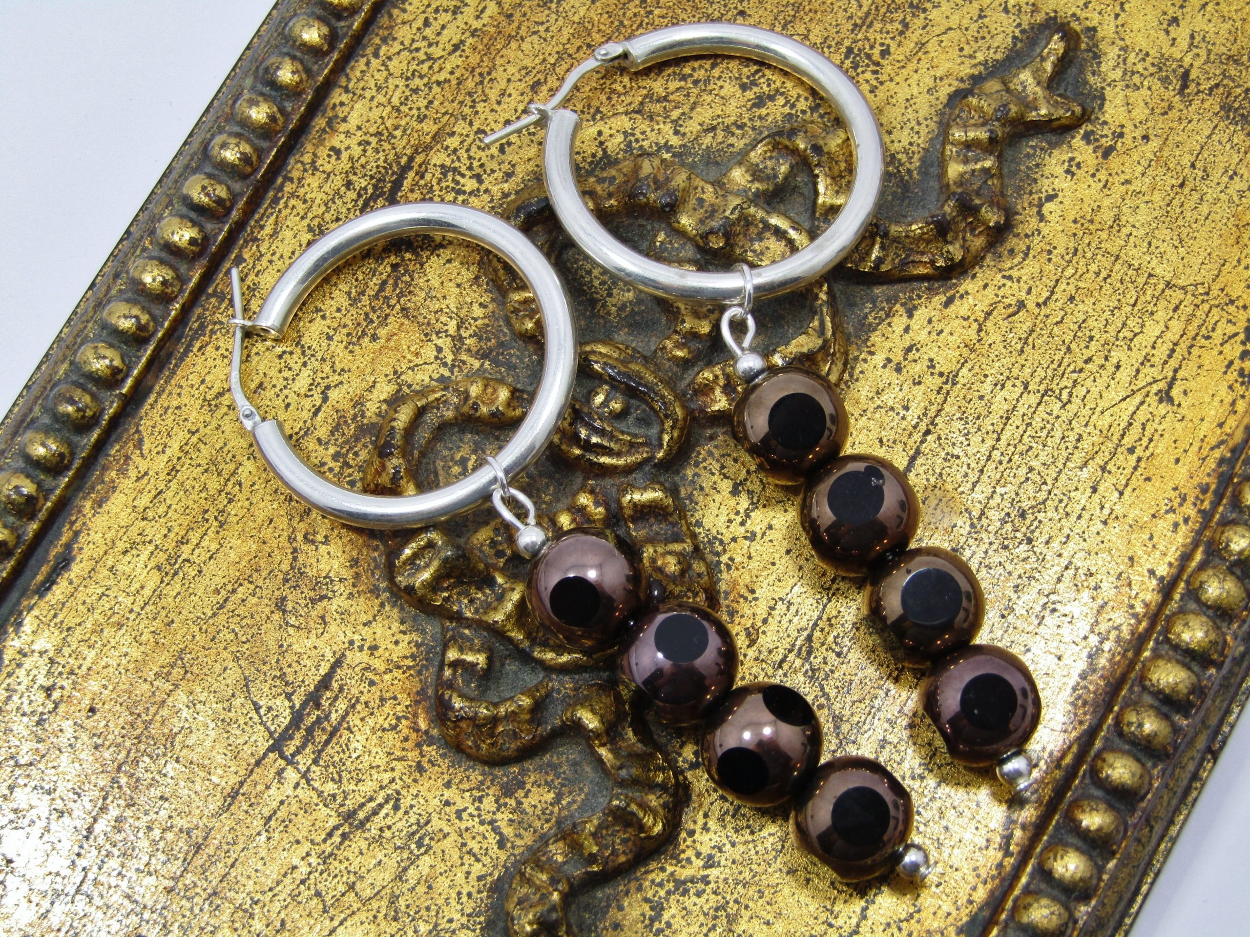 A Beautiful Pair of Bronze Venetian Glass Dangling Earring on Sterling Silver Hoops