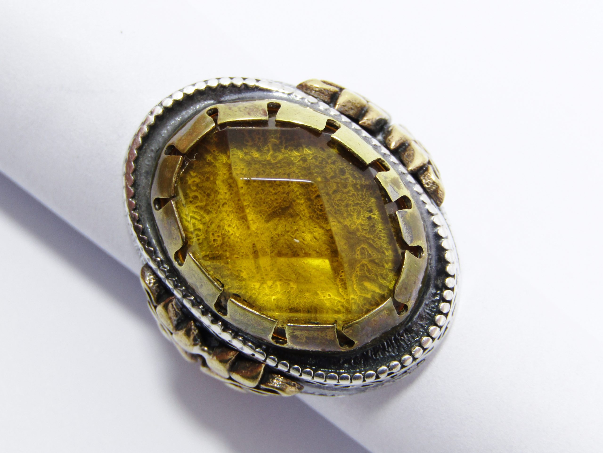 A Beautiful Chunky Two Tone Ring with a Large Yellow paste Stone in Sterling Silver