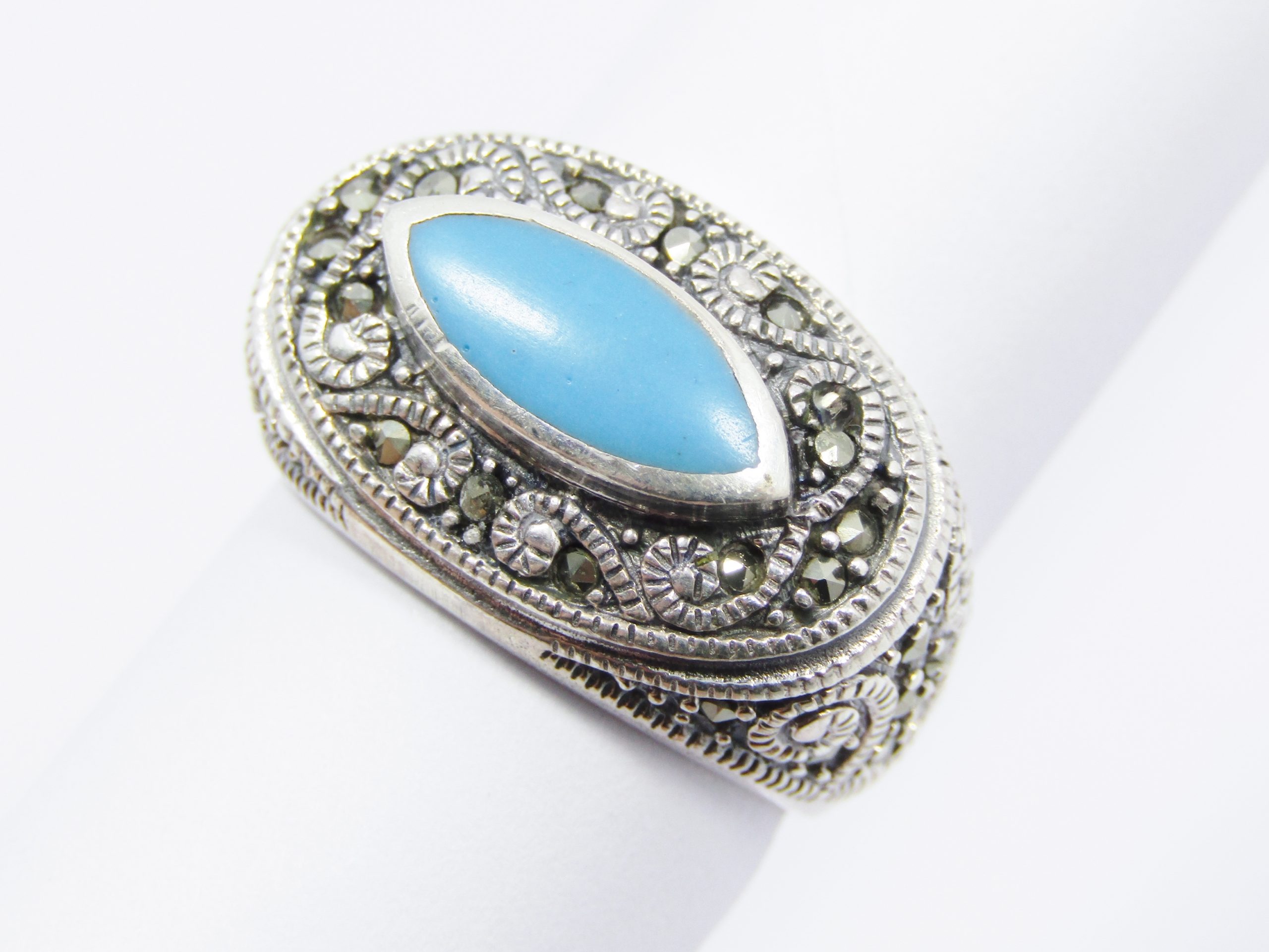 A Beautiful Chunky Blue Enamel Ring With Marcasite's in Sterling Silver