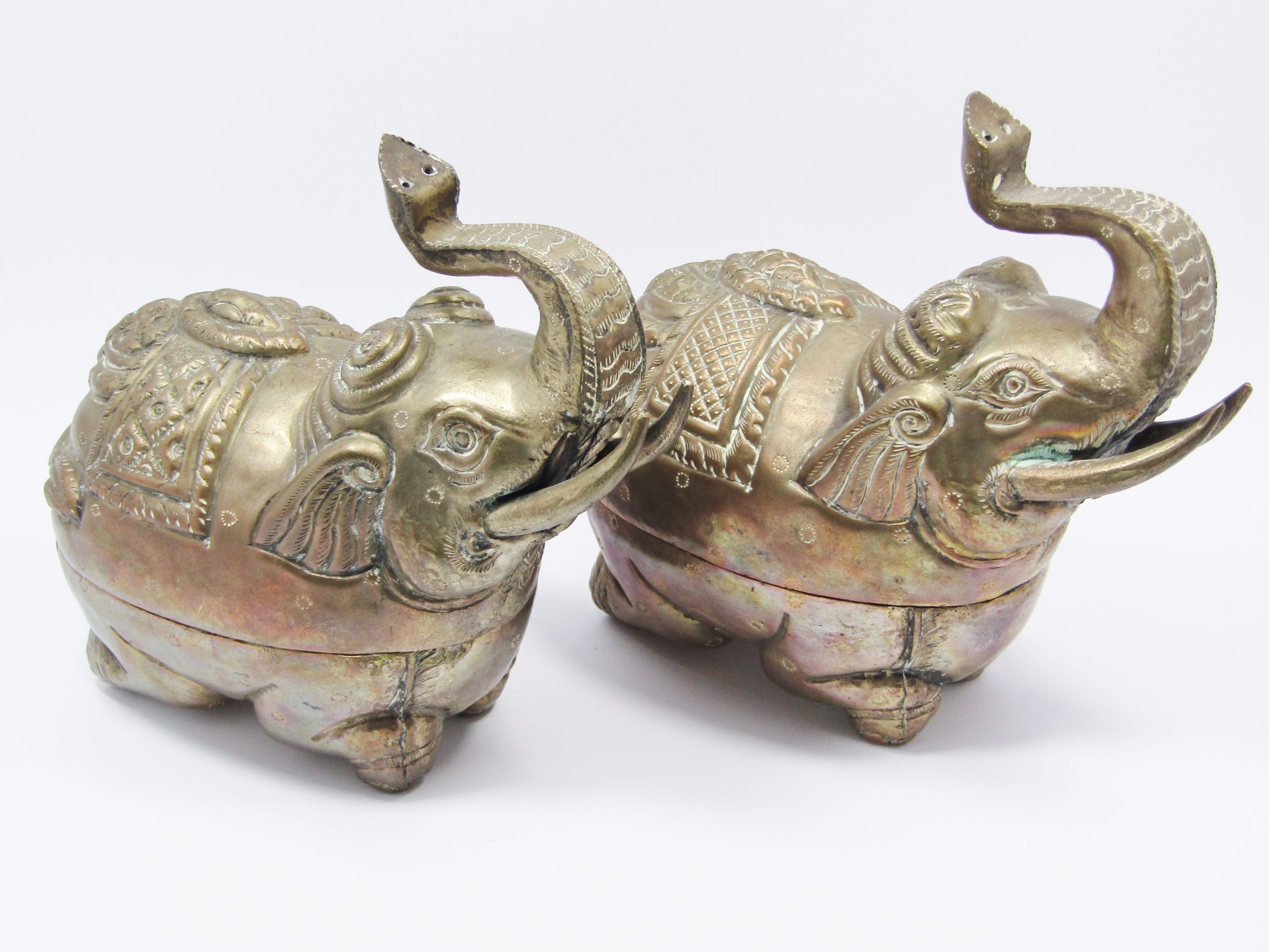 Pair of Antique/Vintage Cambodian Silver Elephant Boxes