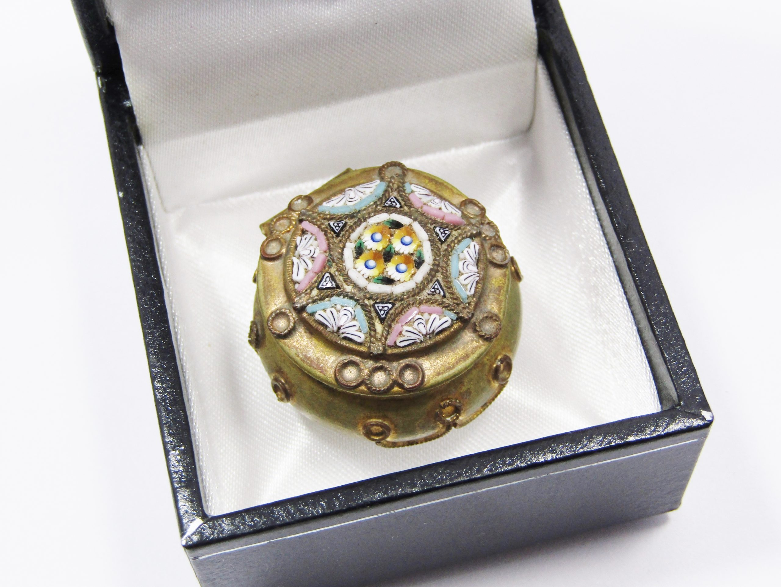 A Very Pretty Brass Tone Micro Mosaic Pill Box