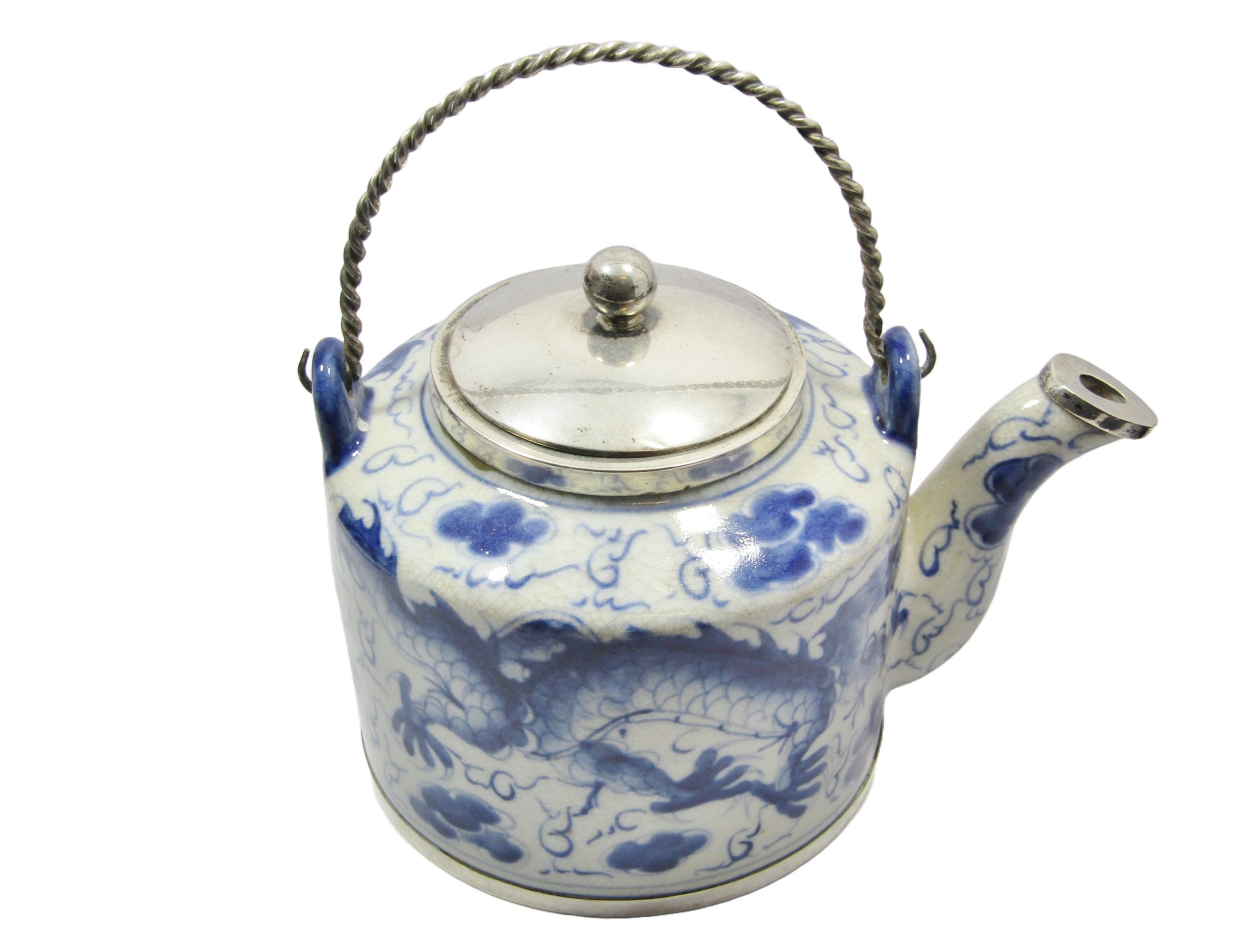 Exquisite! Vintage Oriental Blue & White & Silver Mounts Teapot