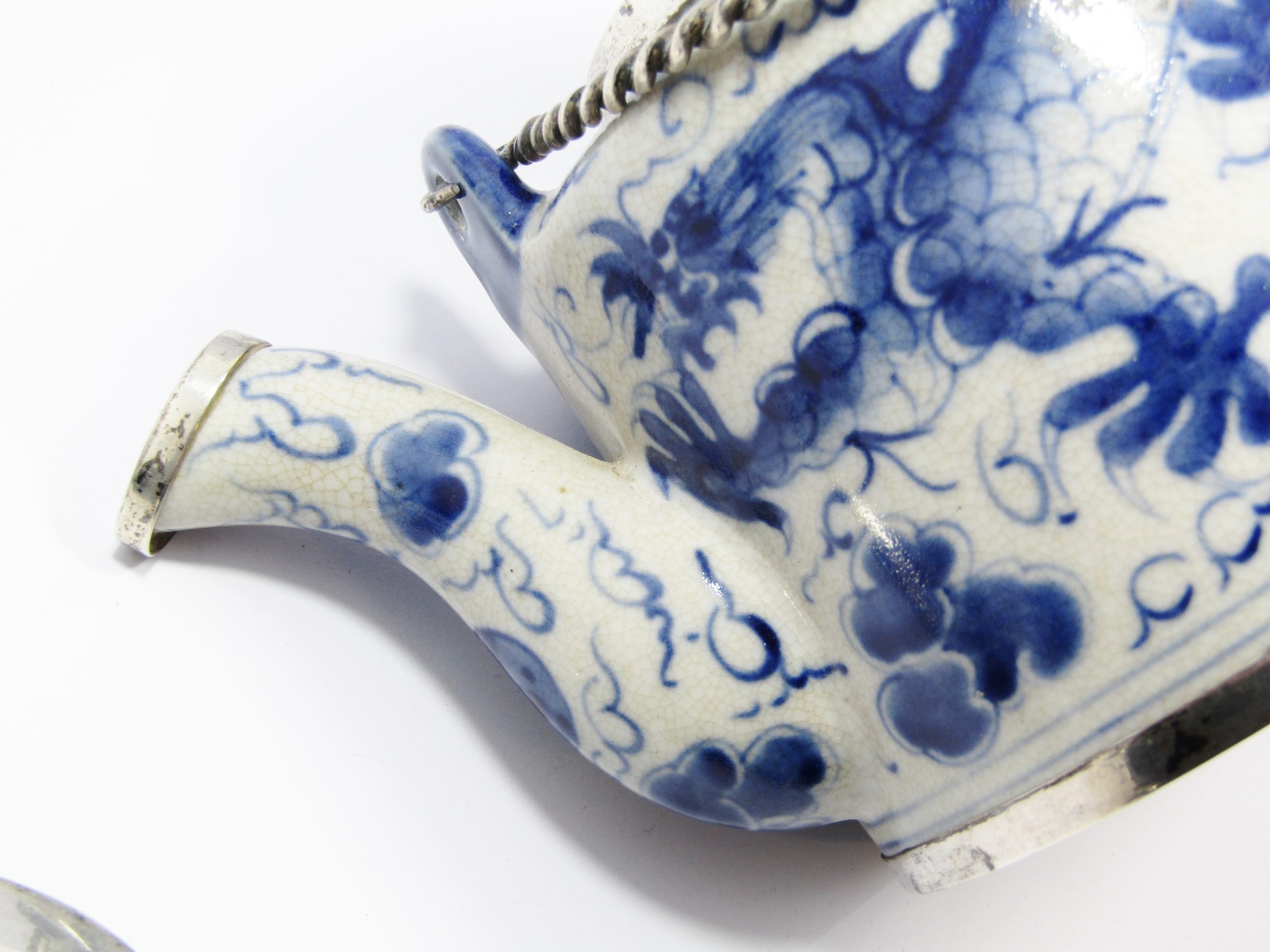 Exquisite! Vintage Oriental Blue & White & Silver Mounts Teapot