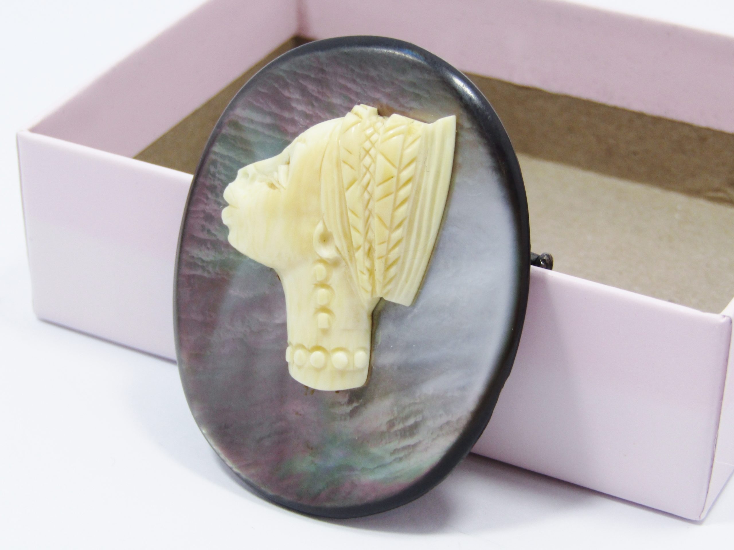 Vintage Carved Ivory & Abalone Shell Brooch