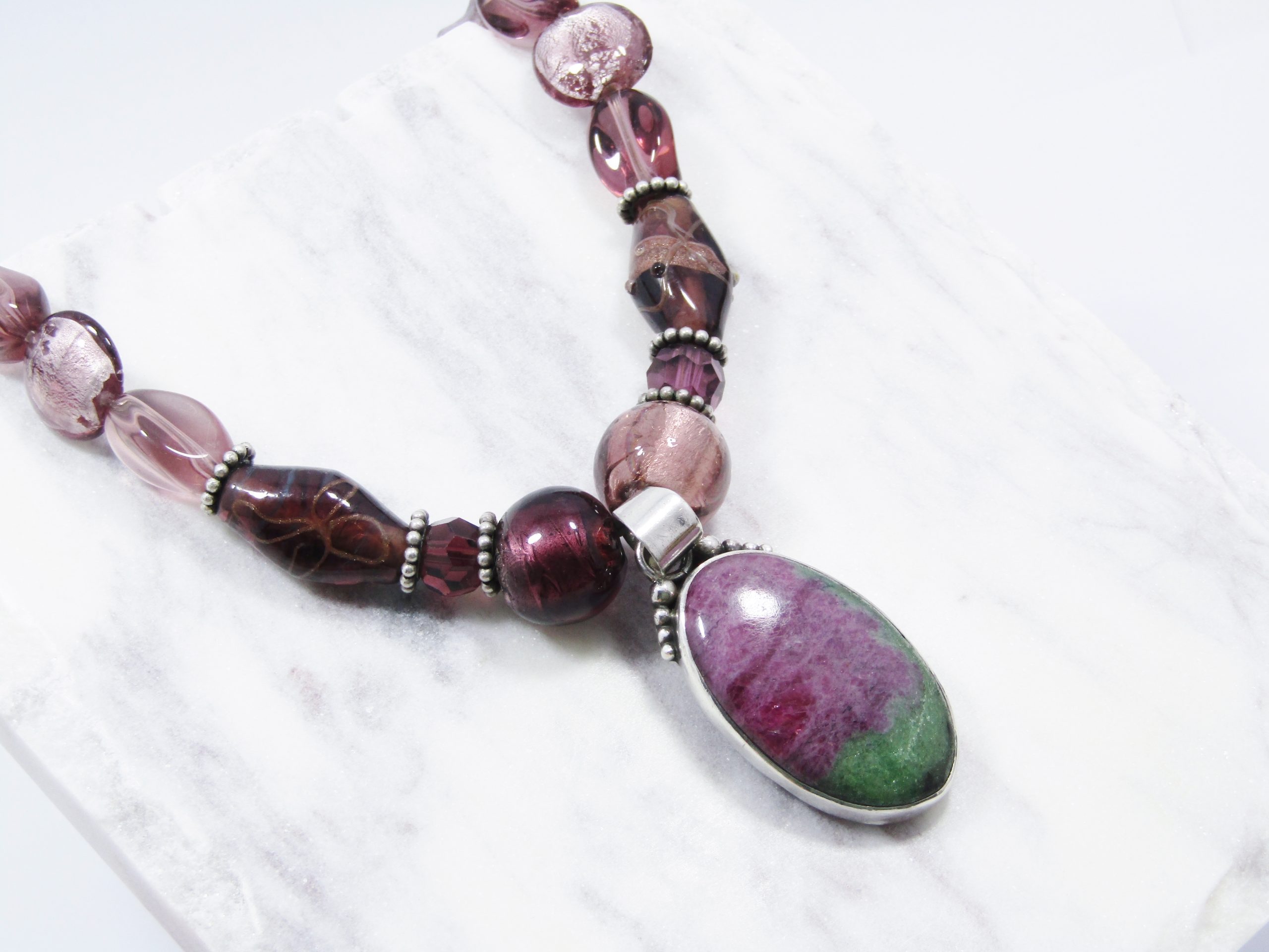 Lovely Murano Glass Necklace with Silver & Gemstone Pendant