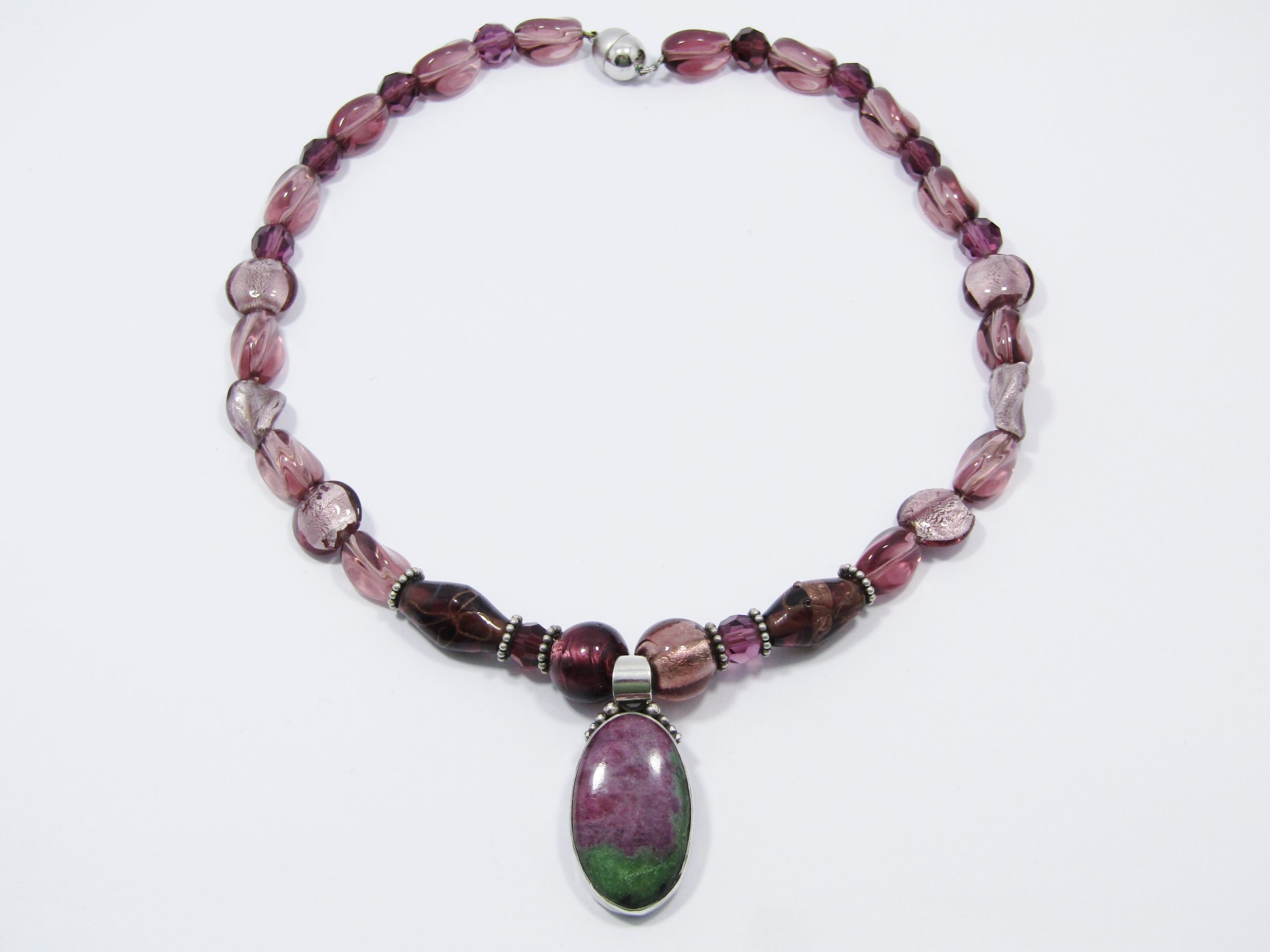 Lovely Murano Glass Necklace with Silver & Gemstone Pendant