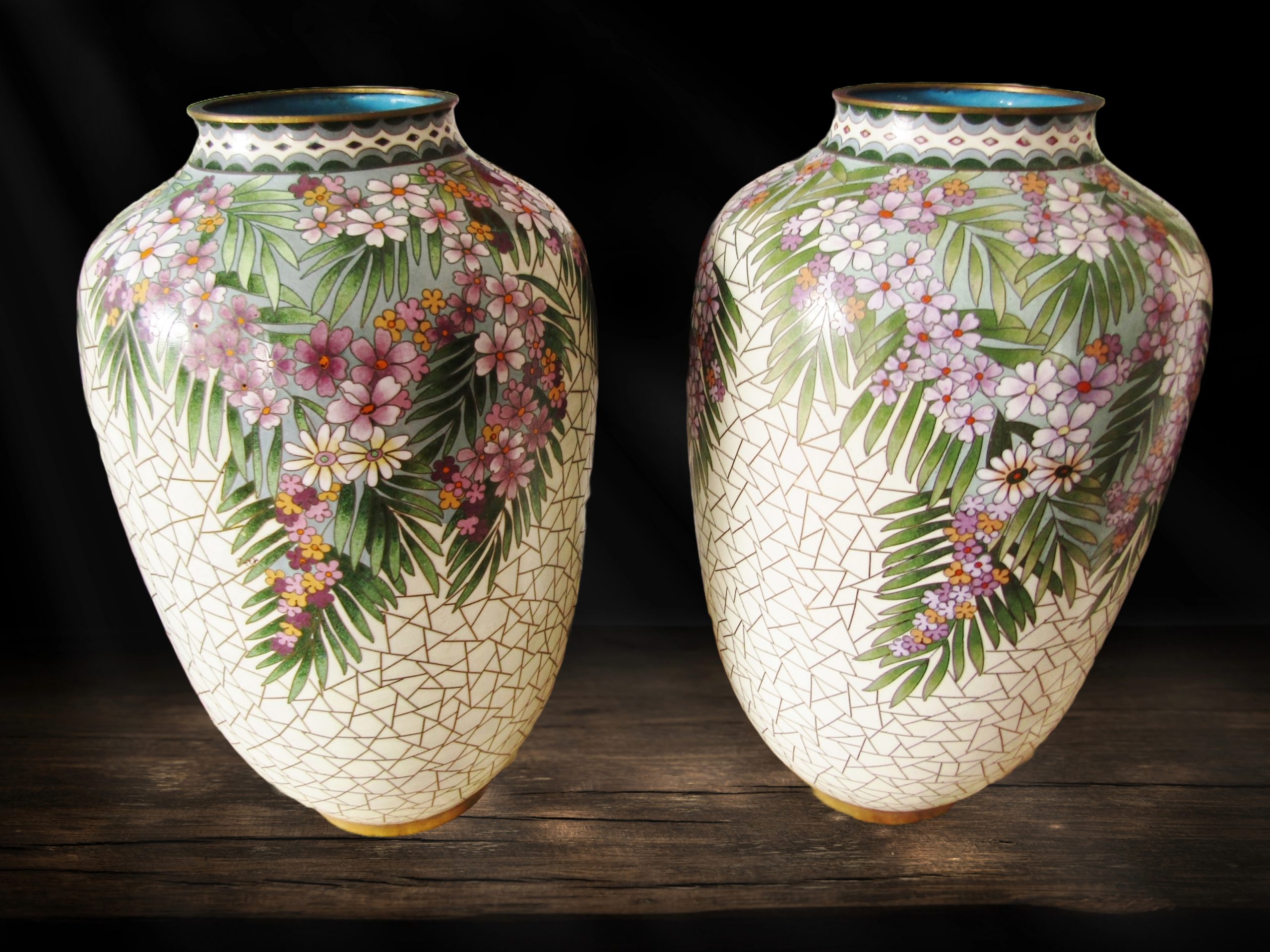 Exquisite! Pair of Beautiful Mosaic Design Large Cloisonne Vases