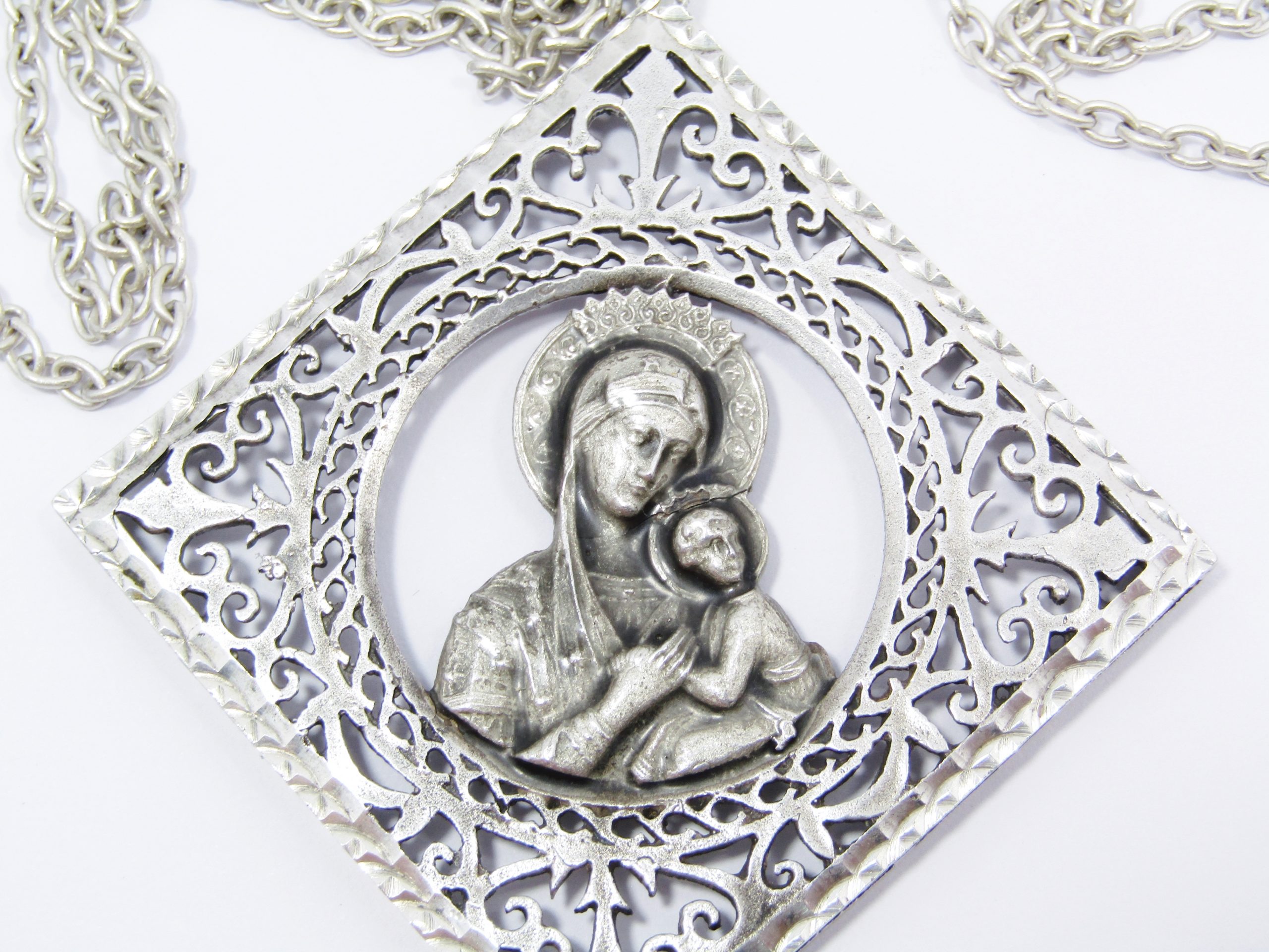 A Gorgeous Huge Madonna And Child Pendant With a Gorgeous Filigree Frame On Chain in Sterling Silver