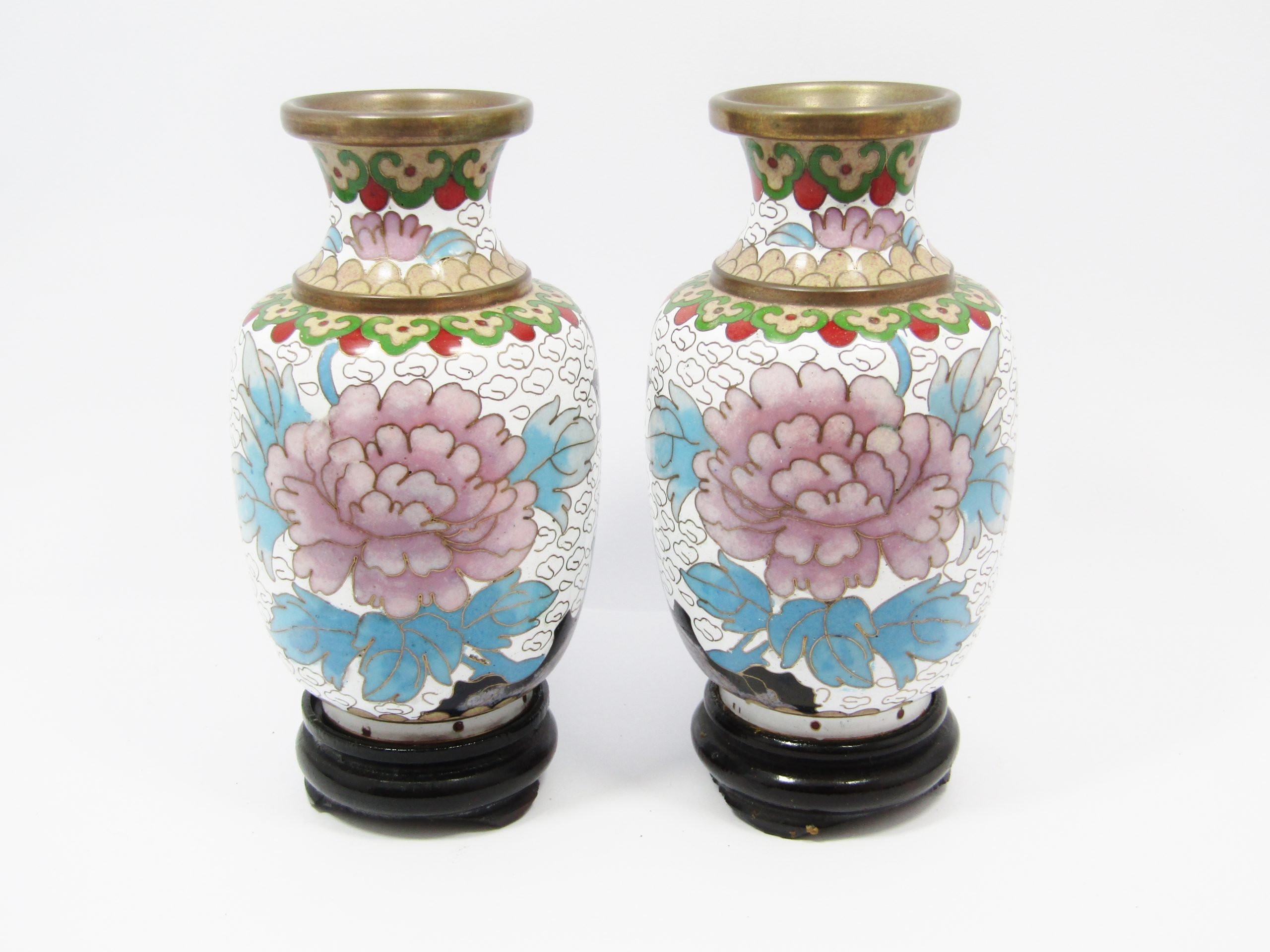 Beautiful Pair of Medium Sized Cloisonne Vases on Stands