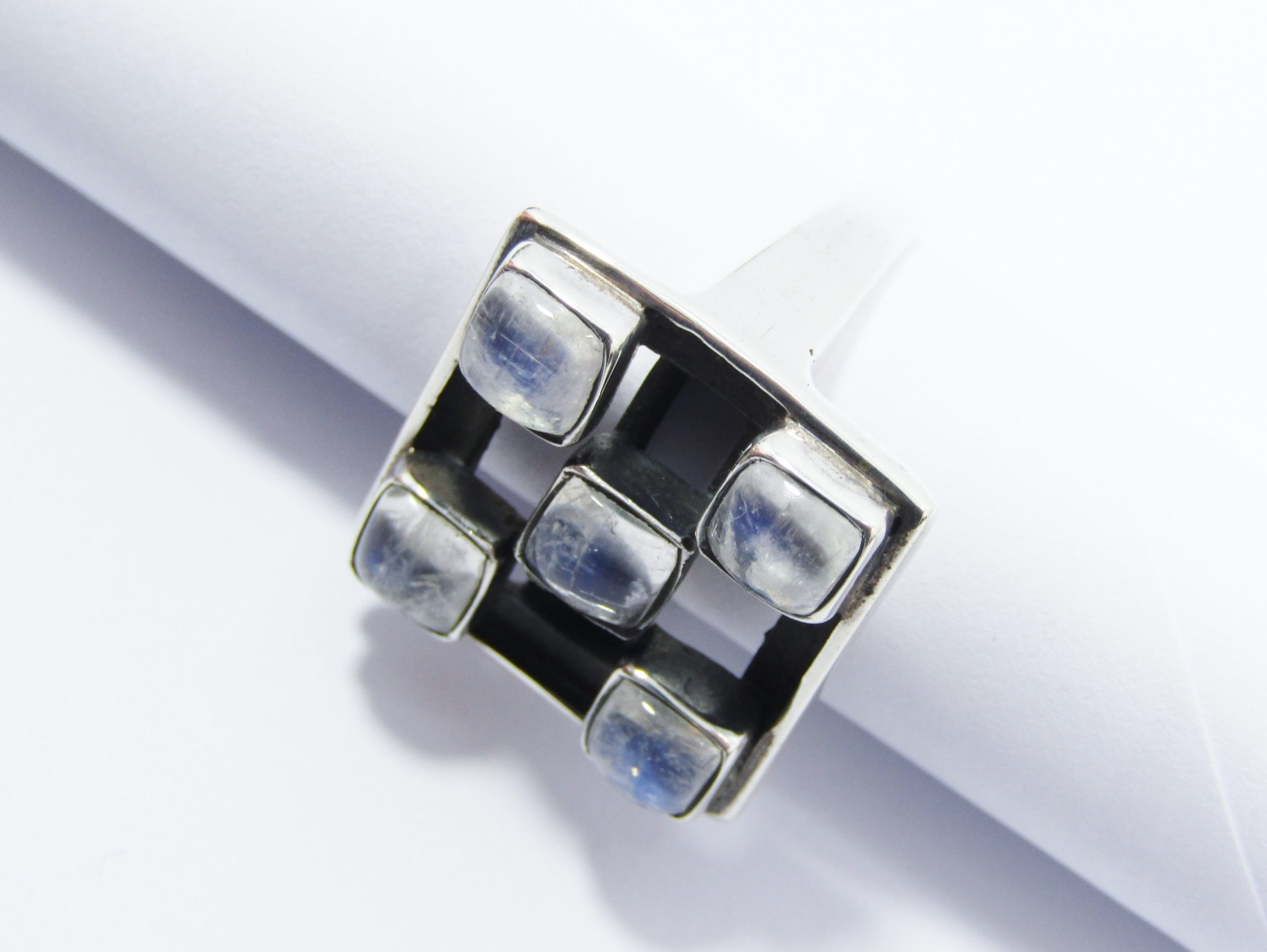A Stunning Checkboard Design Moonstone Ring in Sterling Silver.