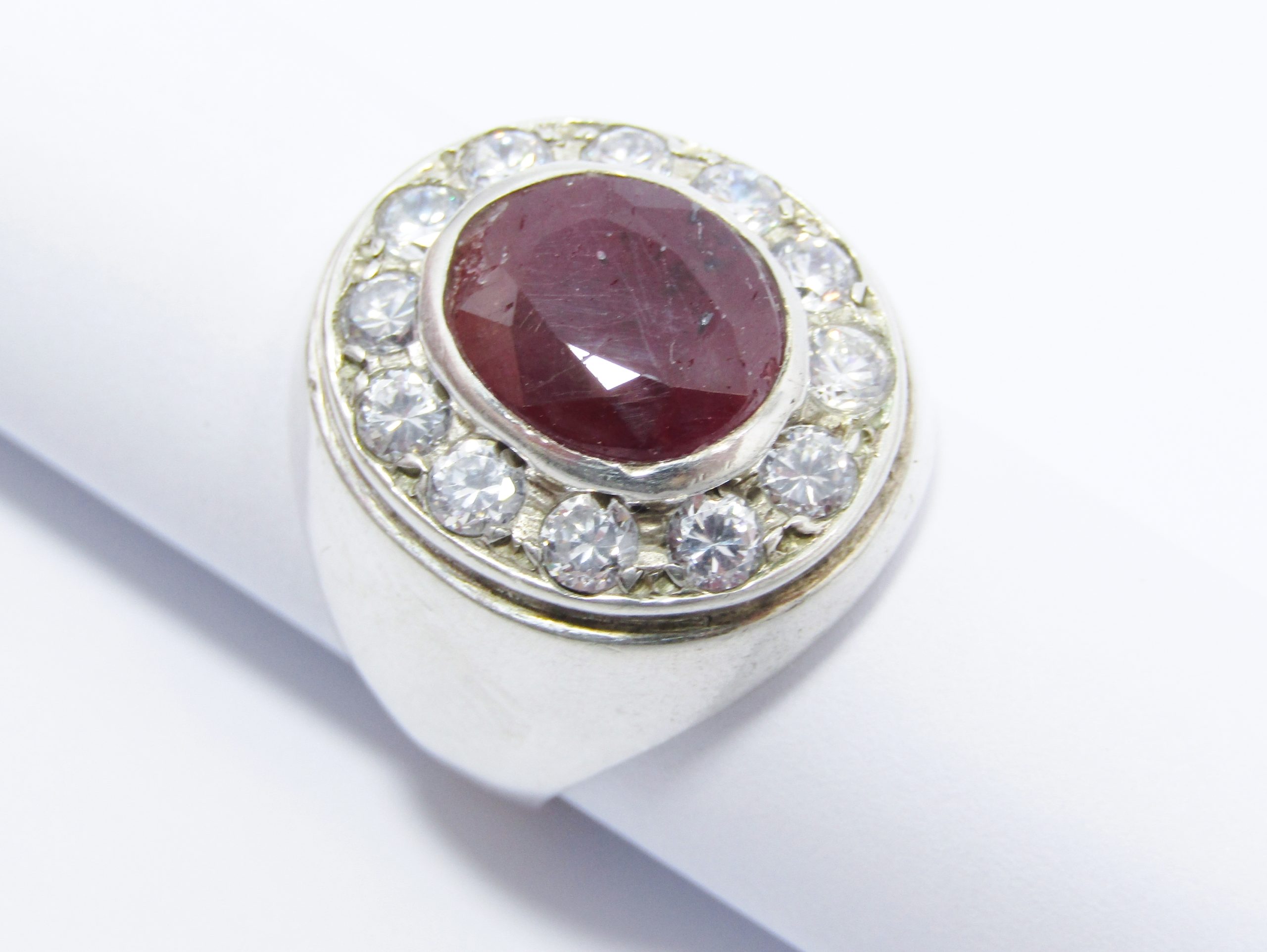 A Beautiful Chunky Opaque Ruby and Crystal Halo Design Ring in Sterling Silver