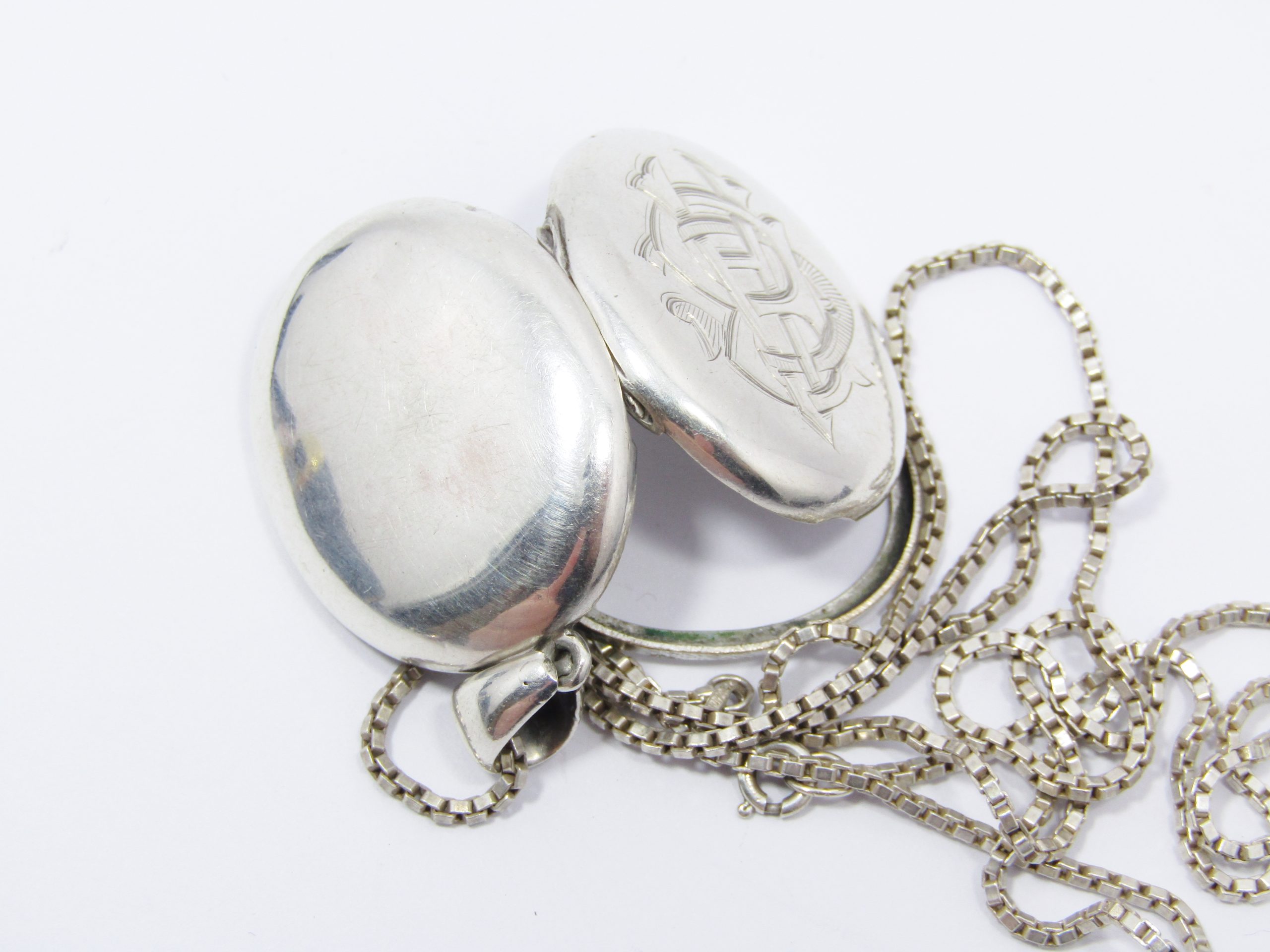 Antique Monogrammed Sterling Silver Locket Necklace