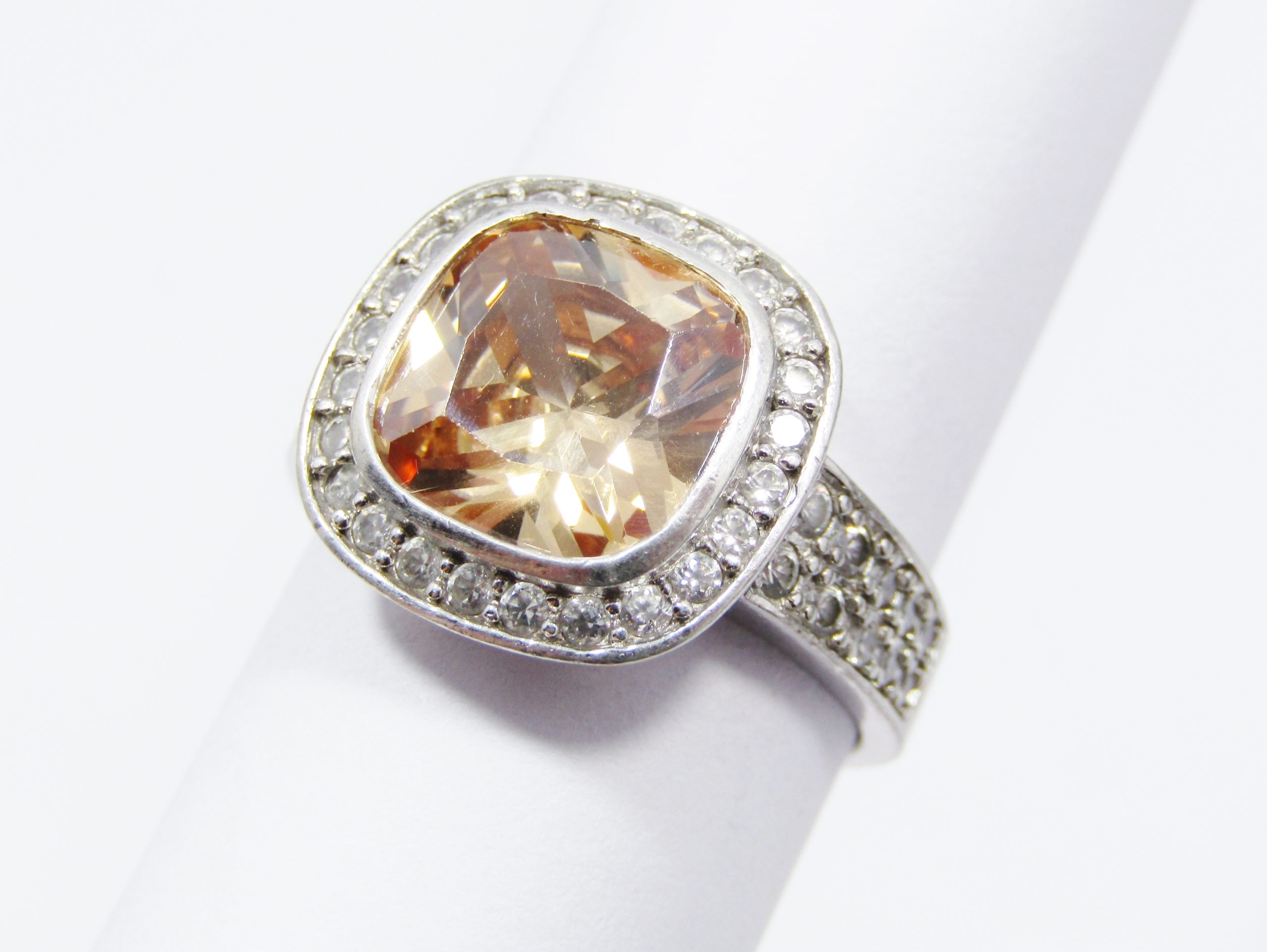 A Gorgeous Vintage Design Salmon Pink Halo Design Ring in Sterling Silver