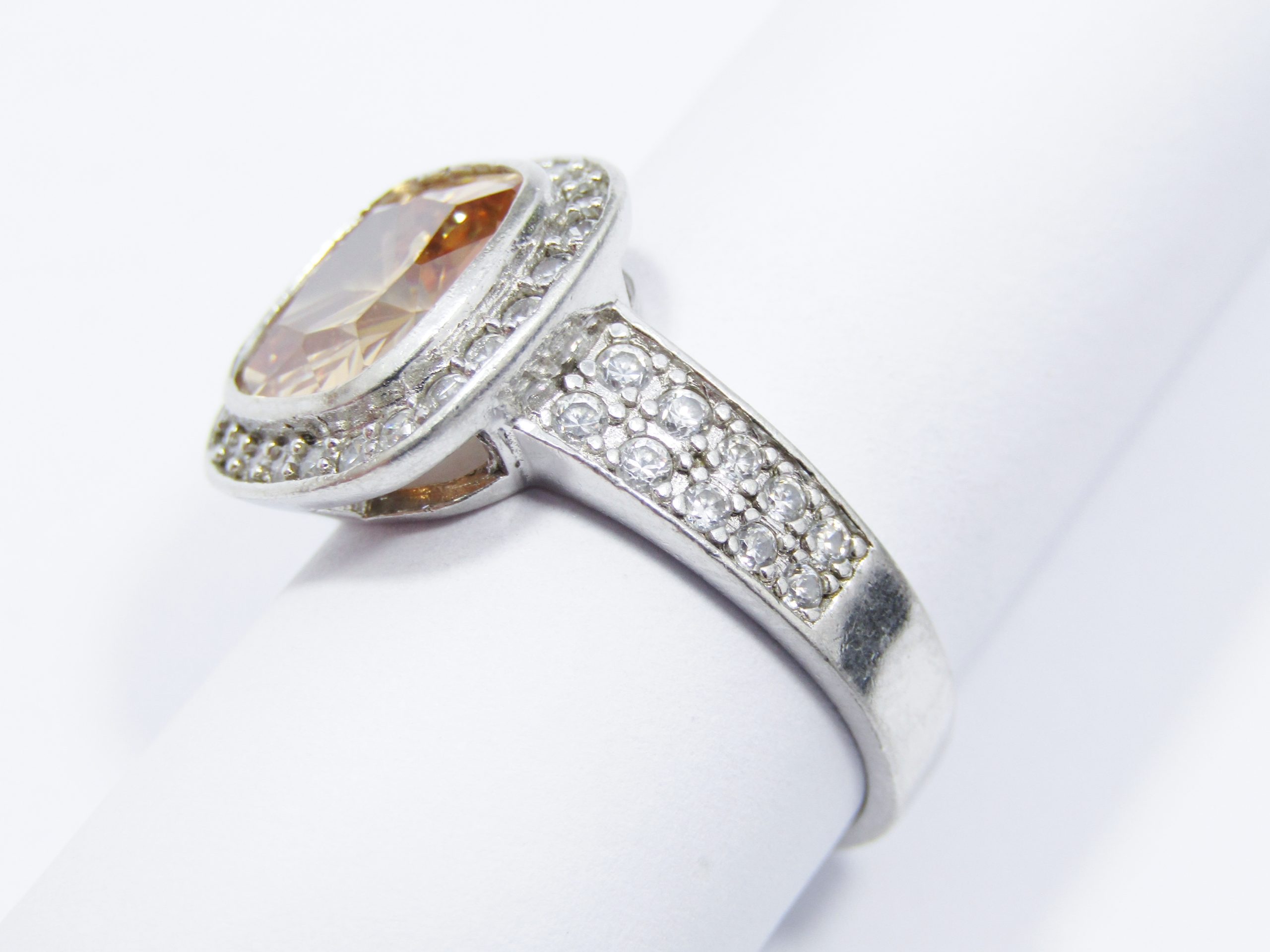 A Gorgeous Vintage Design Salmon Pink Halo Design Ring in Sterling Silver