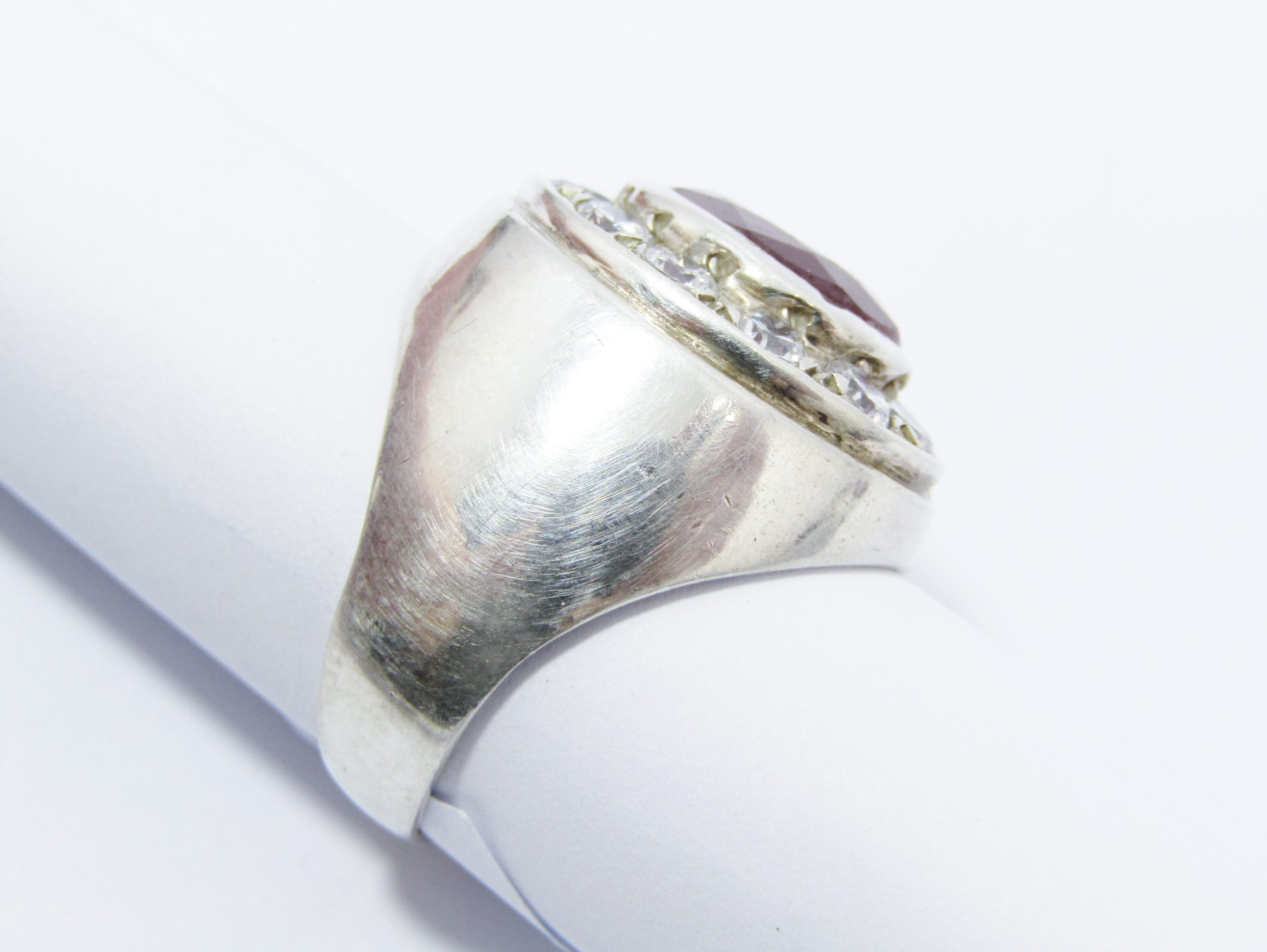 A Beautiful Chunky Opaque Ruby and Crystal Halo Design Ring in Sterling Silver