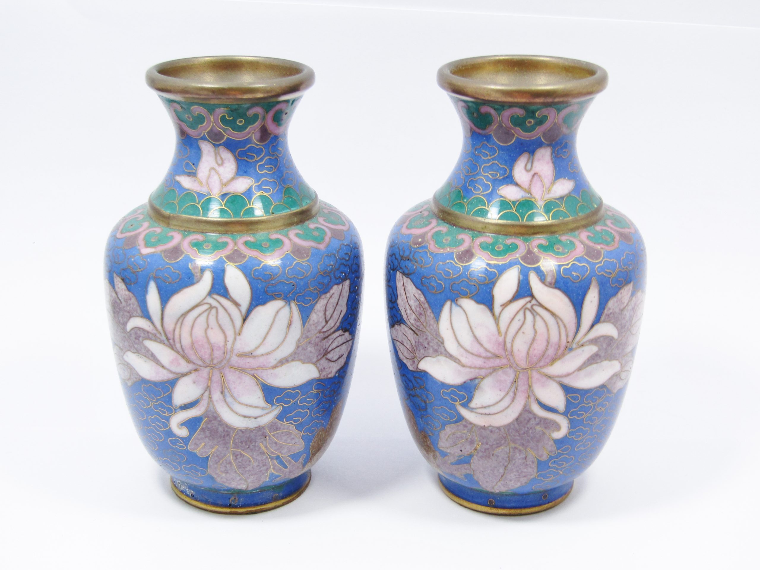 Beautiful Pair of Blue & Pink Cloisonne Vases
