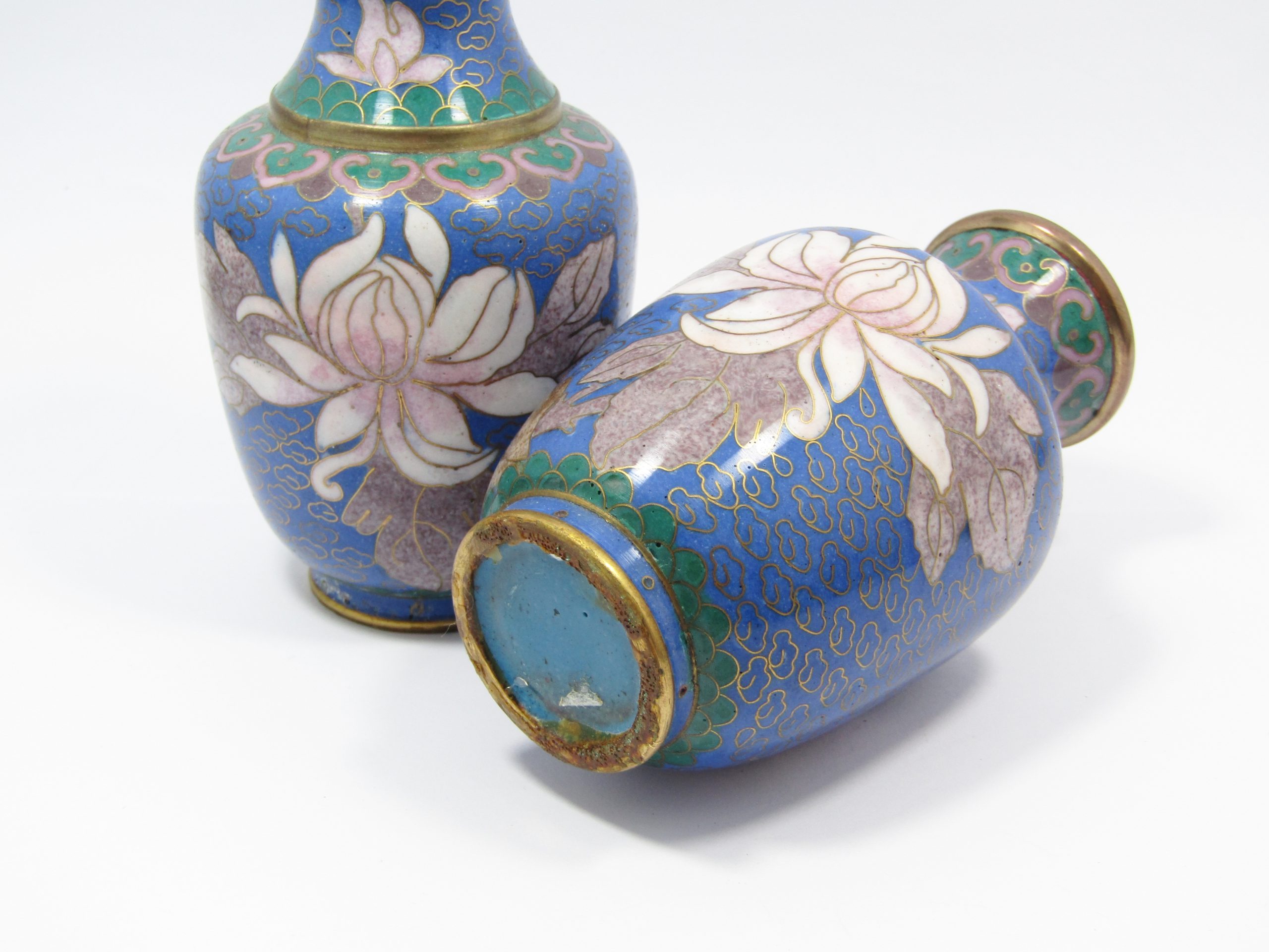 Beautiful Pair of Blue & Pink Cloisonne Vases