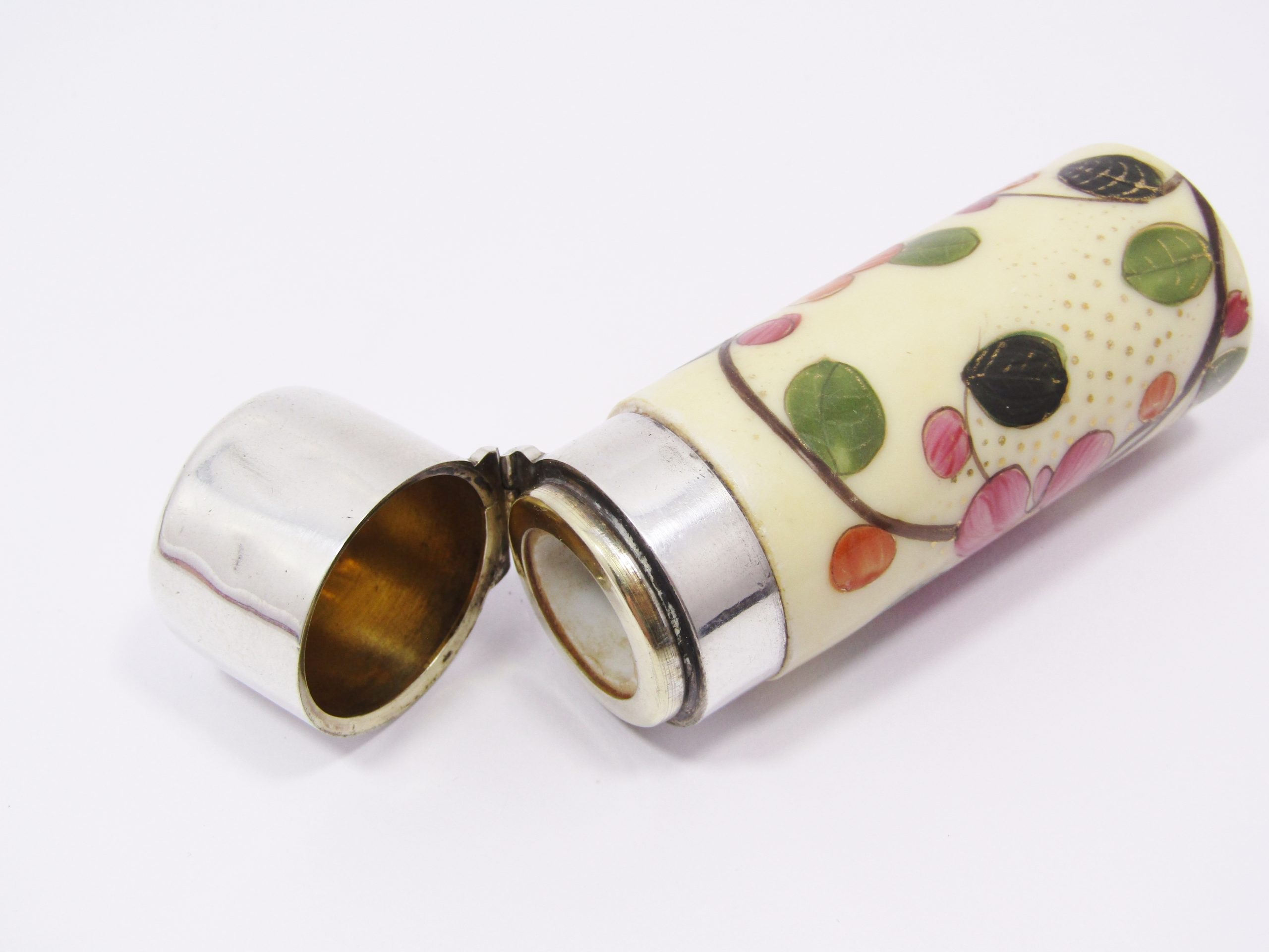 Antique Victorian Sterling Silver & Hand-Painted Porcelain Perfume Bottle