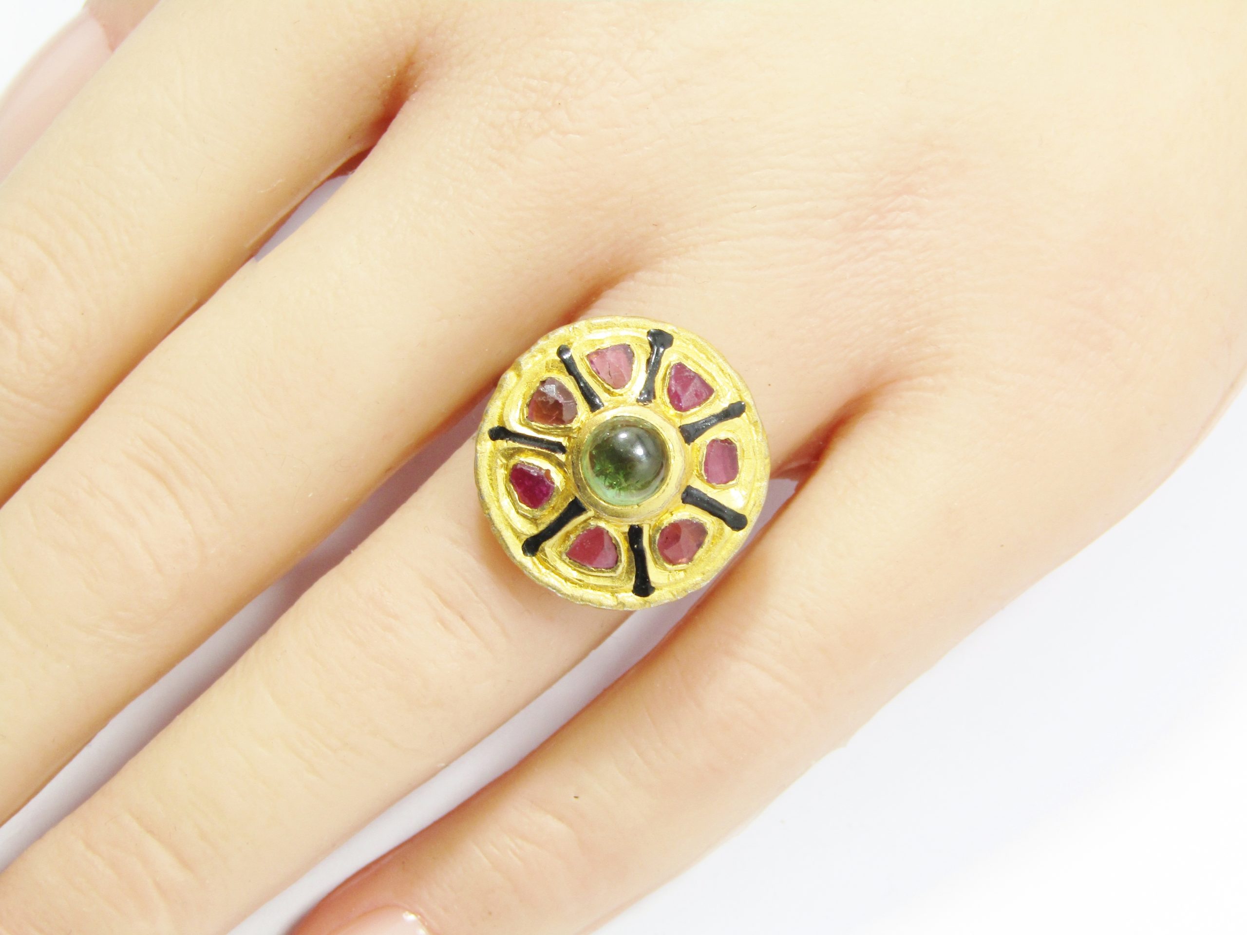 A Gorgeous Gold Gilt over Sterling Silver Ring Set With Pink and Green Tourmalines