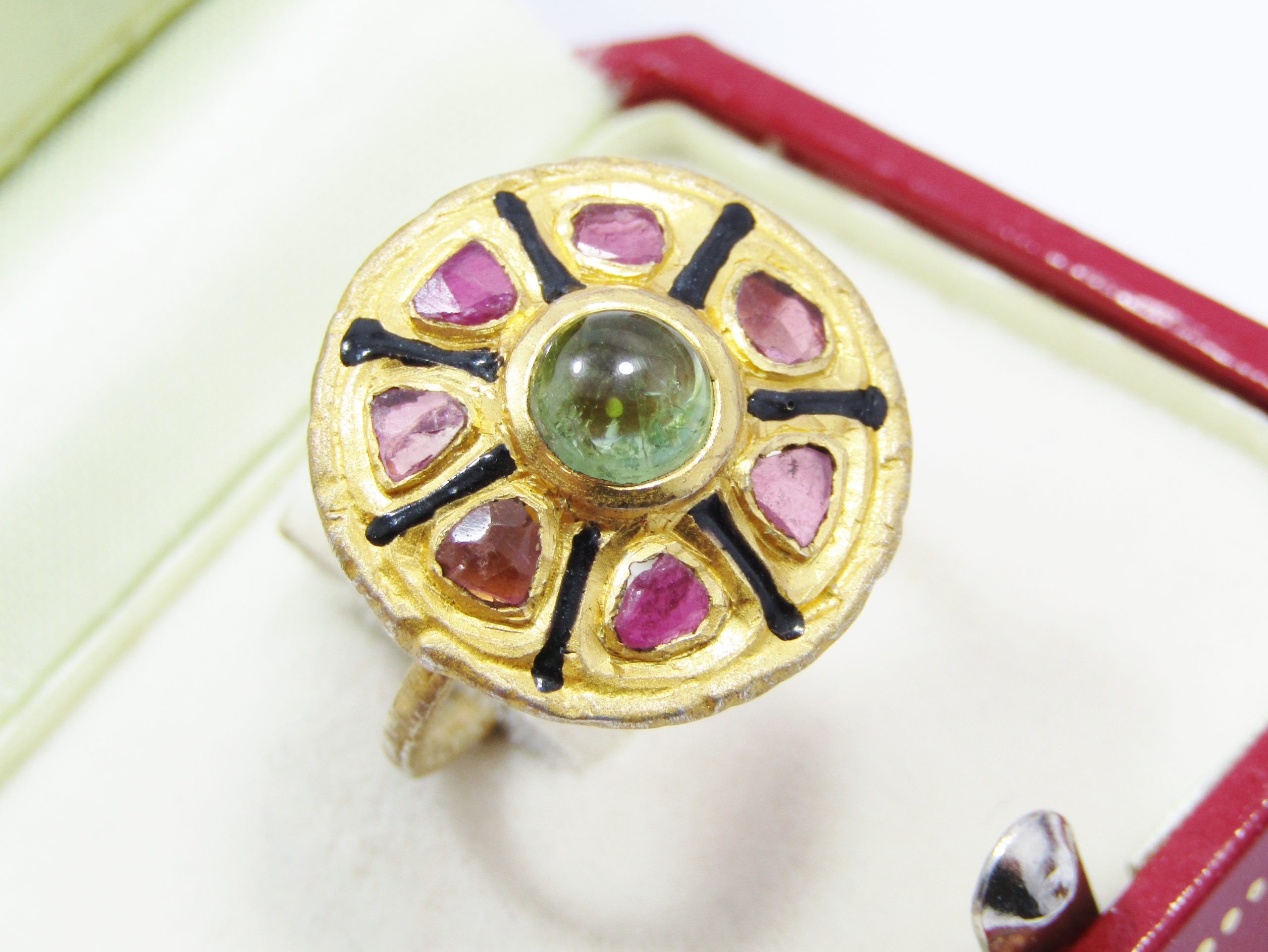 A Gorgeous Gold Gilt over Sterling Silver Ring Set With Pink and Green Tourmalines