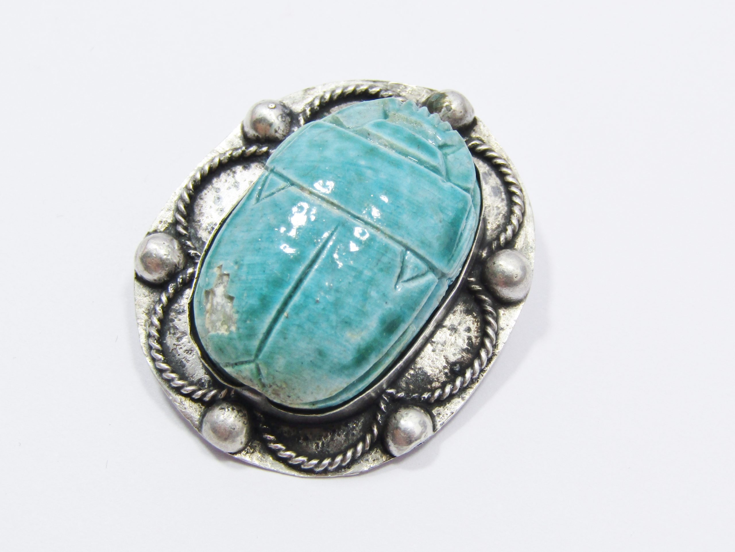 A Gorgeous Egyptian Antique Ceramic Scarab Brooch in Sterling Silver.
