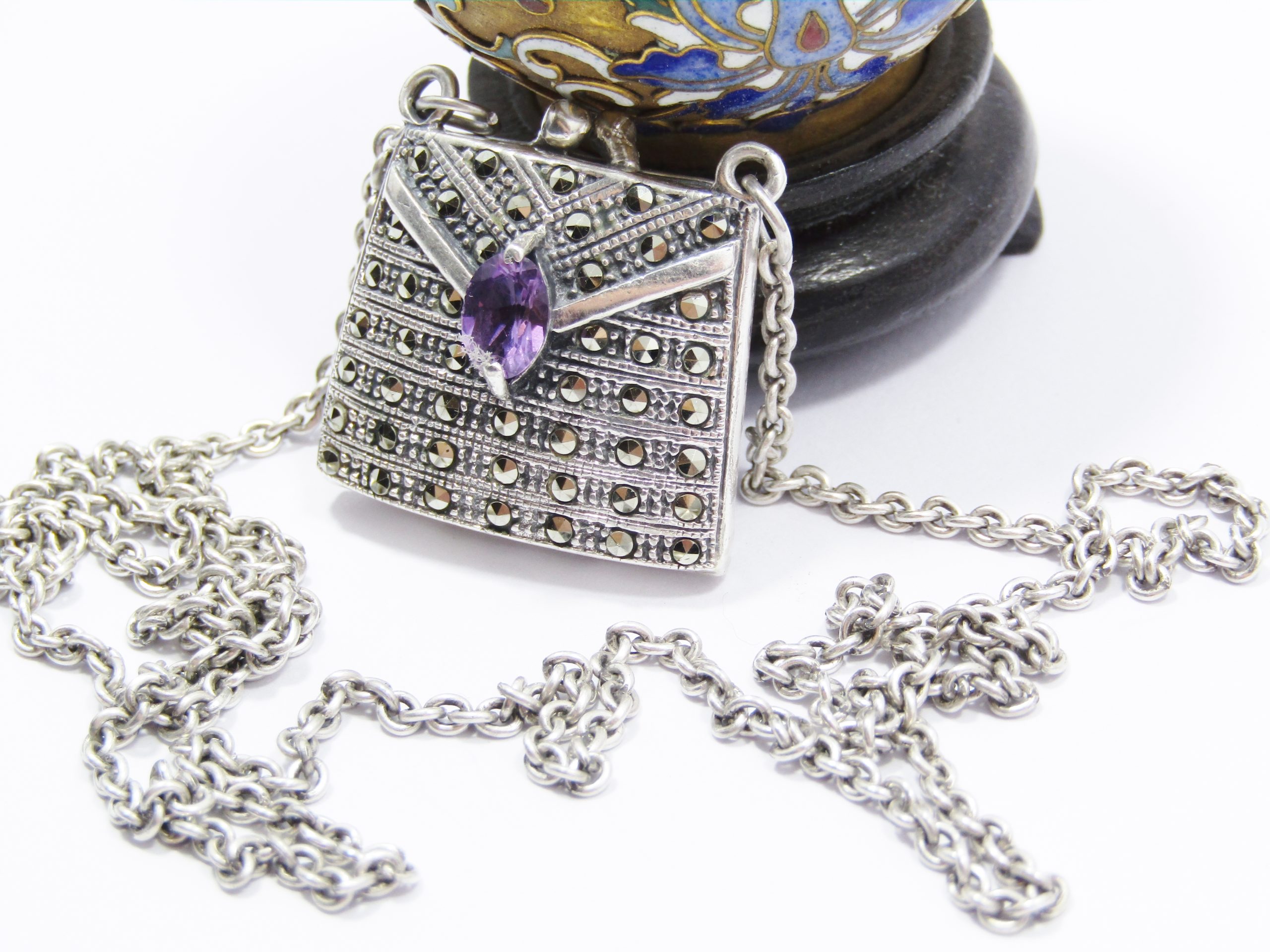 A Gorgeous Weighty Marcasite Handbag Pendant On Chain in Sterling Silver